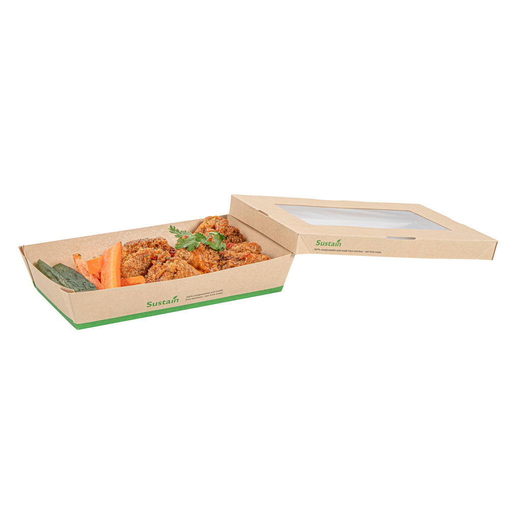 Sustain 34 oz Bamboo Paper Large Take Out Container - with PLA Lining and Window, Compostable - 8 1/2" x 5 1/4" x 1 1/2" - 200 count box