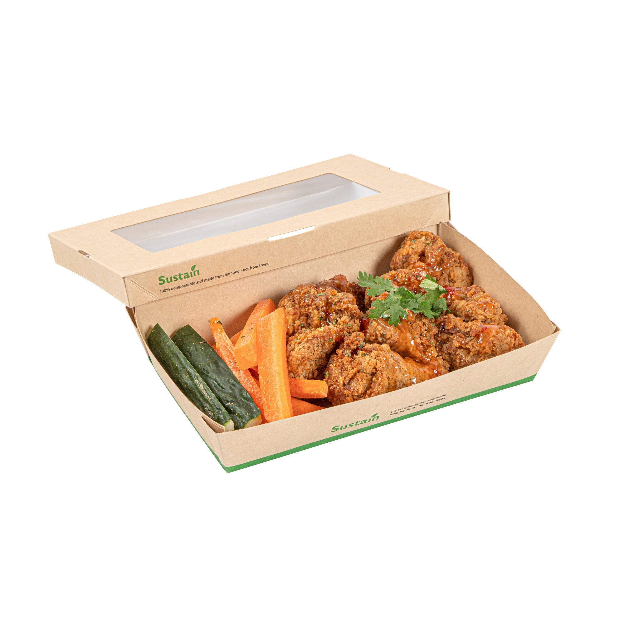 Sustain 34 oz Bamboo Paper Large Take Out Container - with PLA Lining and Window, Compostable - 8 1/2" x 5 1/4" x 1 1/2" - 200 count box