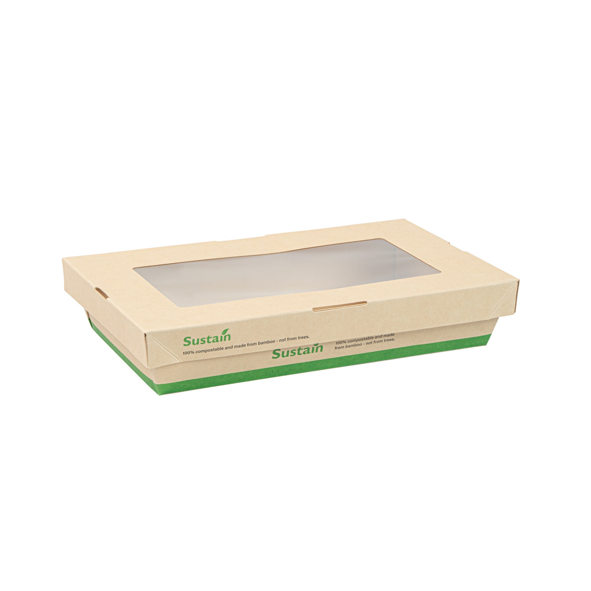Sustain 34 oz Bamboo Paper Large Take Out Container - with PLA Lining and Window, Compostable - 8 1/2" x 5 1/4" x 1 1/2" - 200 count box