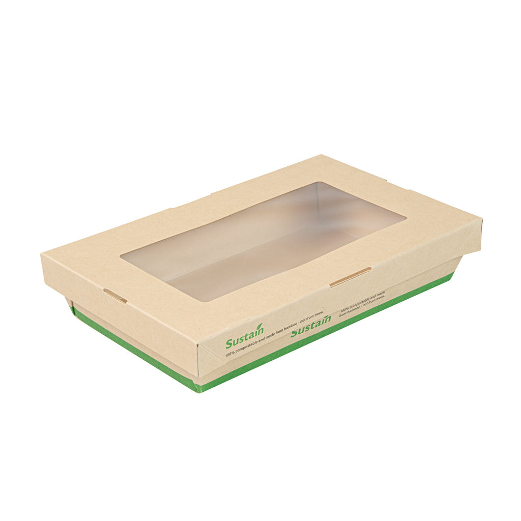 Sustain 34 oz Bamboo Paper Large Take Out Container - with PLA Lining and Window, Compostable - 8 1/2" x 5 1/4" x 1 1/2" - 200 count box