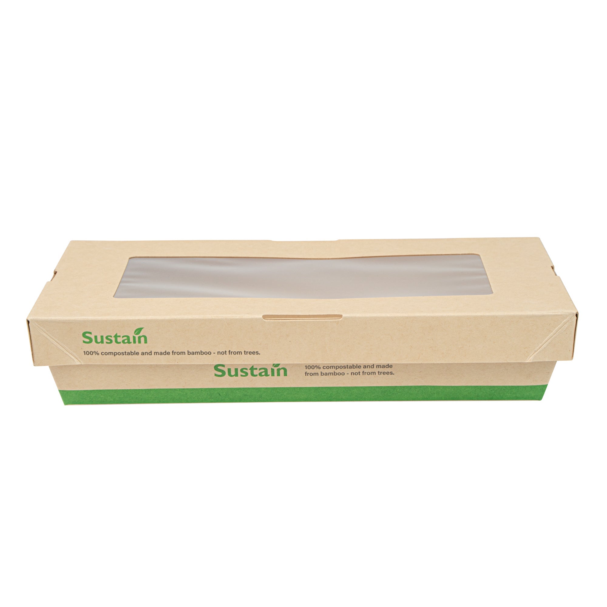Sustain 34 oz Bamboo Paper Large Take Out Container - with PLA Lining and Window, Compostable - 8 1/2" x 5 1/4" x 1 1/2" - 200 count box