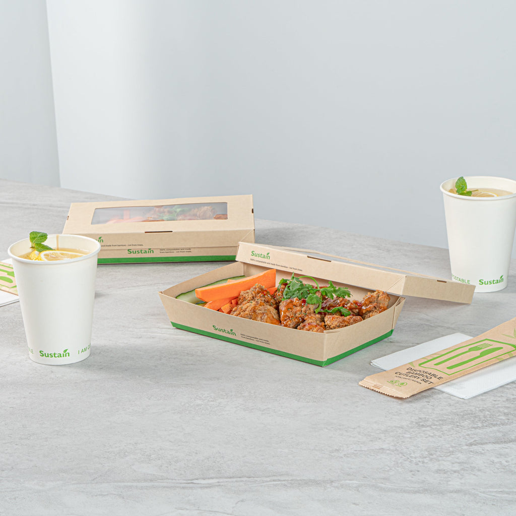 Sustain 34 oz Bamboo Paper Large Take Out Container - with PLA Lining and Window, Compostable - 8 1/2" x 5 1/4" x 1 1/2" - 200 count box