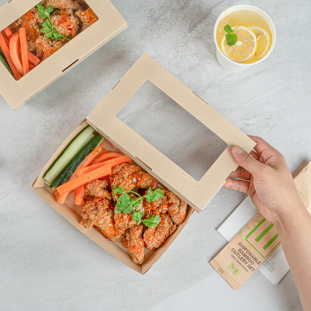 Sustain 34 oz Bamboo Paper Large Take Out Container - with PLA Lining and Window, Compostable - 8 1/2" x 5 1/4" x 1 1/2" - 200 count box