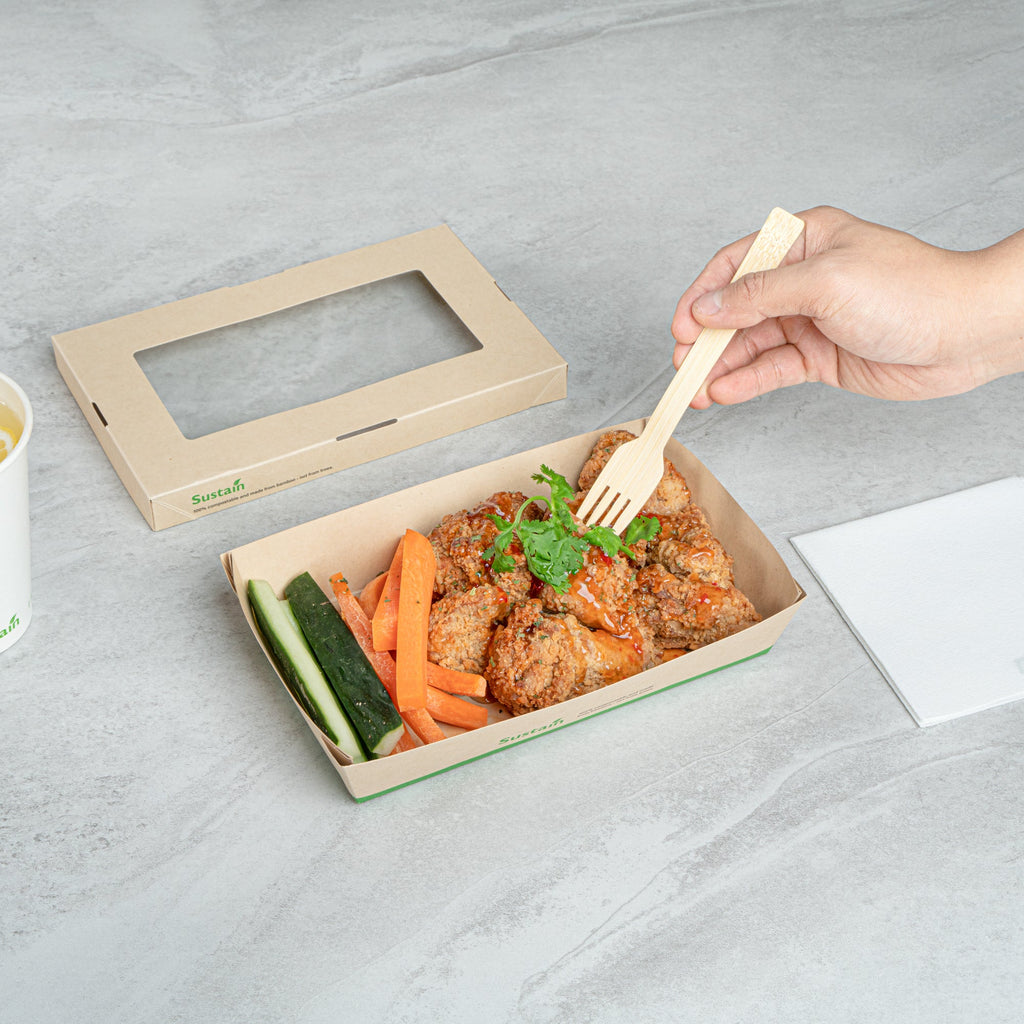 Sustain 34 oz Bamboo Paper Large Take Out Container - with PLA Lining and Window, Compostable - 8 1/2" x 5 1/4" x 1 1/2" - 200 count box