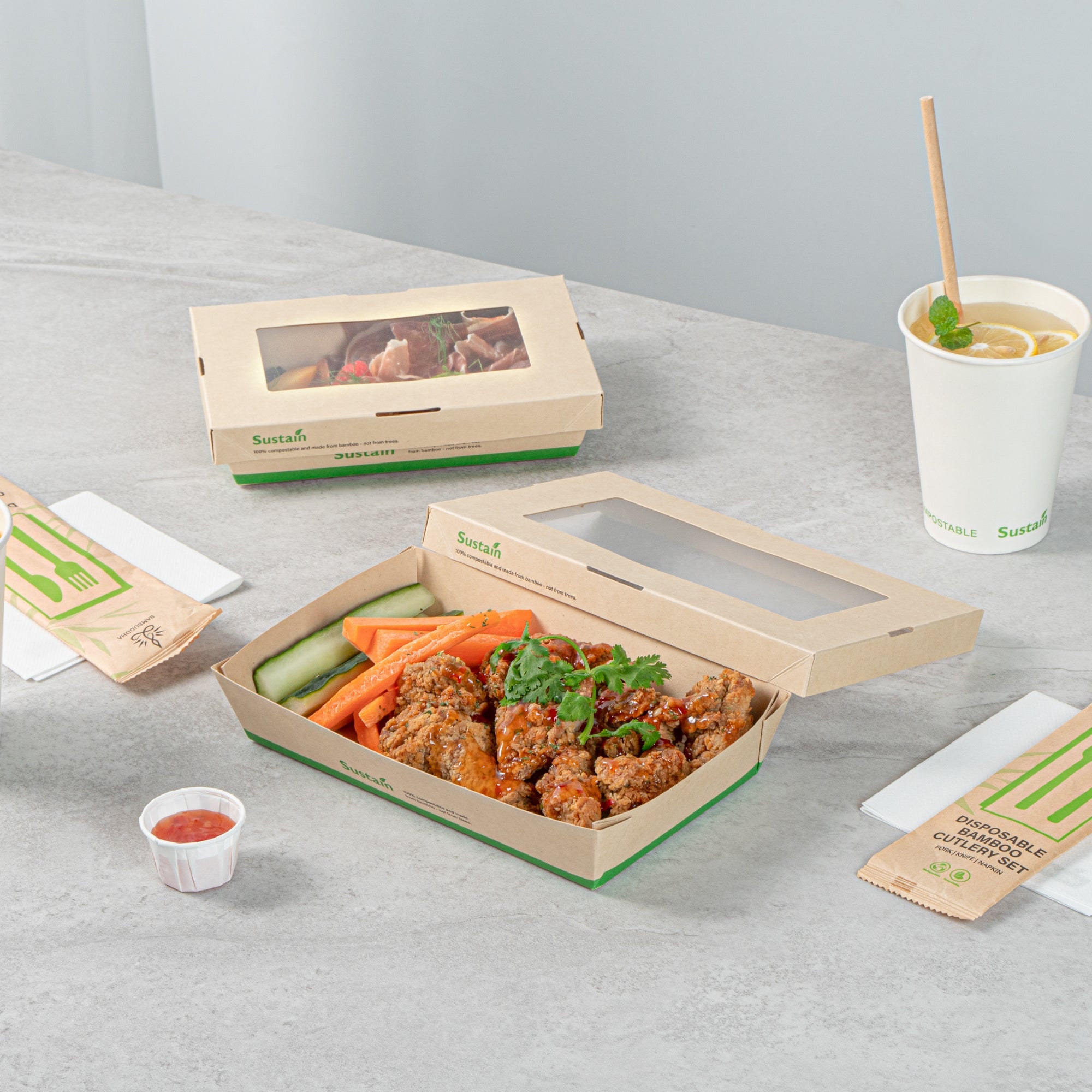 Sustain 34 oz Bamboo Paper Large Take Out Container - with PLA Lining and Window, Compostable - 8 1/2" x 5 1/4" x 1 1/2" - 200 count box