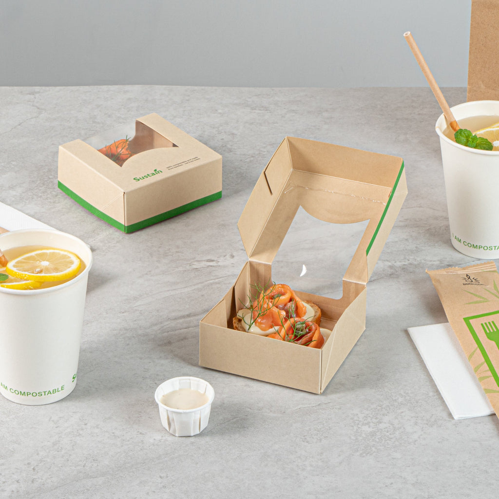 Sustain 11 oz Bamboo Paper Small Take Out Container - with PLA Lining and Window, Compostable - 4" x 4" x 1 1/2" - 50 count box