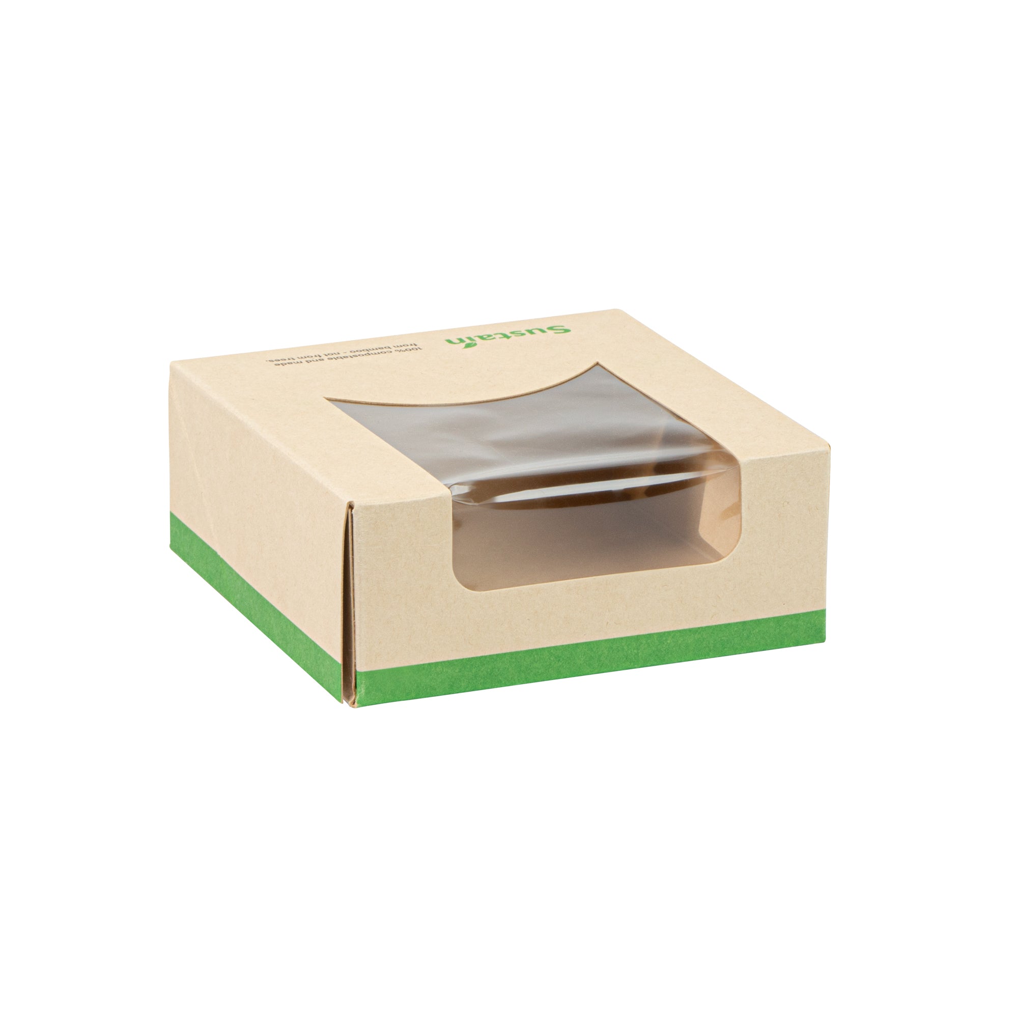Sustain 11 oz Bamboo Paper Small Take Out Container - with PLA Lining and Window, Compostable - 4" x 4" x 1 1/2" - 50 count box