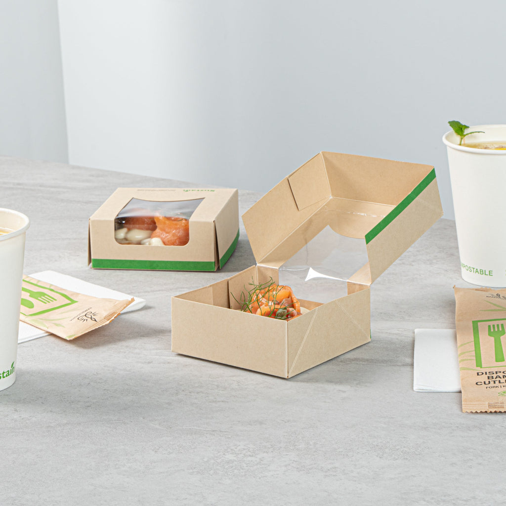 Sustain 11 oz Bamboo Paper Small Take Out Container - with PLA Lining and Window, Compostable - 4" x 4" x 1 1/2" - 50 count box