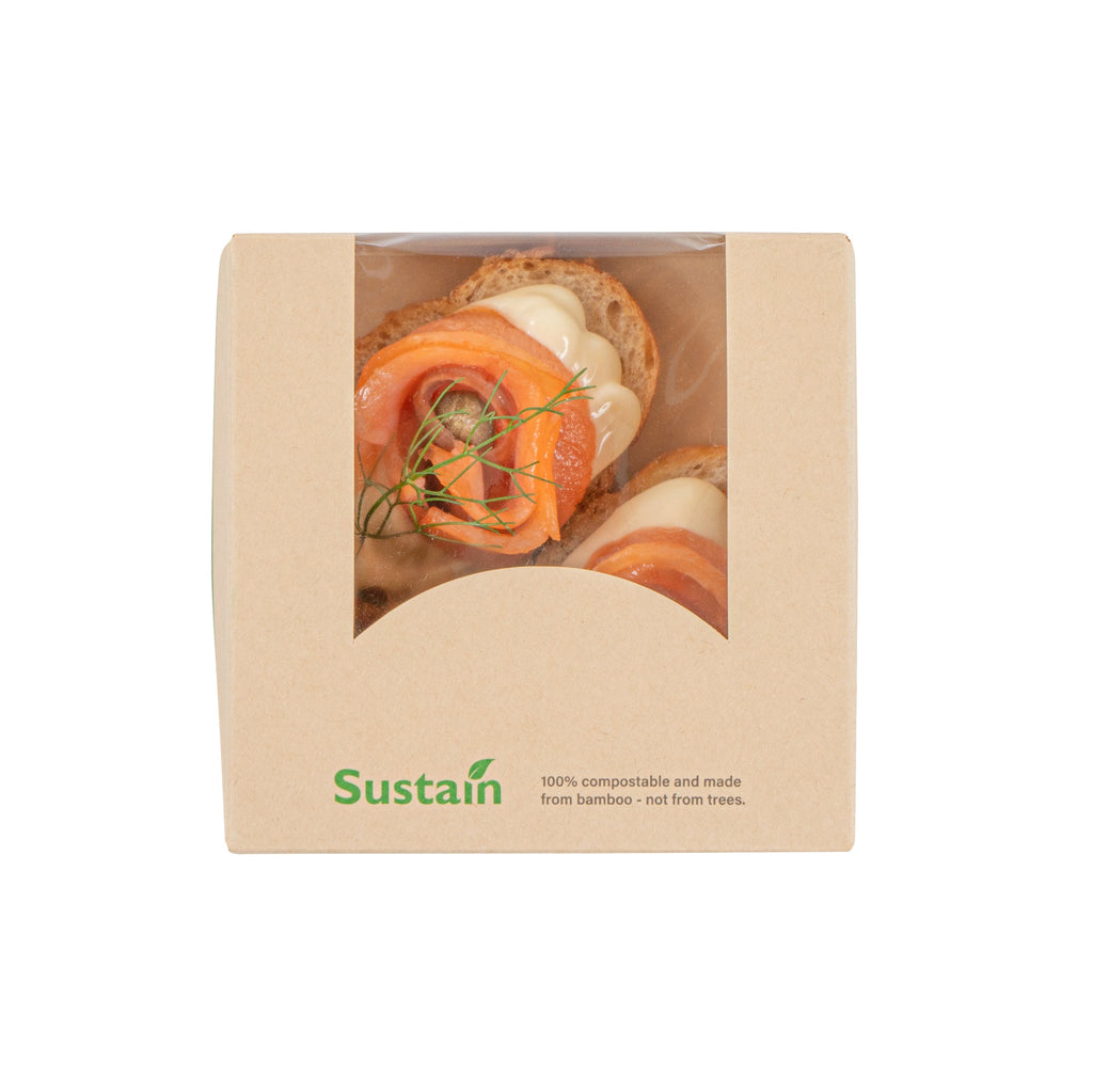 Sustain 11 oz Bamboo Paper Small Take Out Container - with PLA Lining and Window, Compostable - 4" x 4" x 1 1/2" - 200 count box