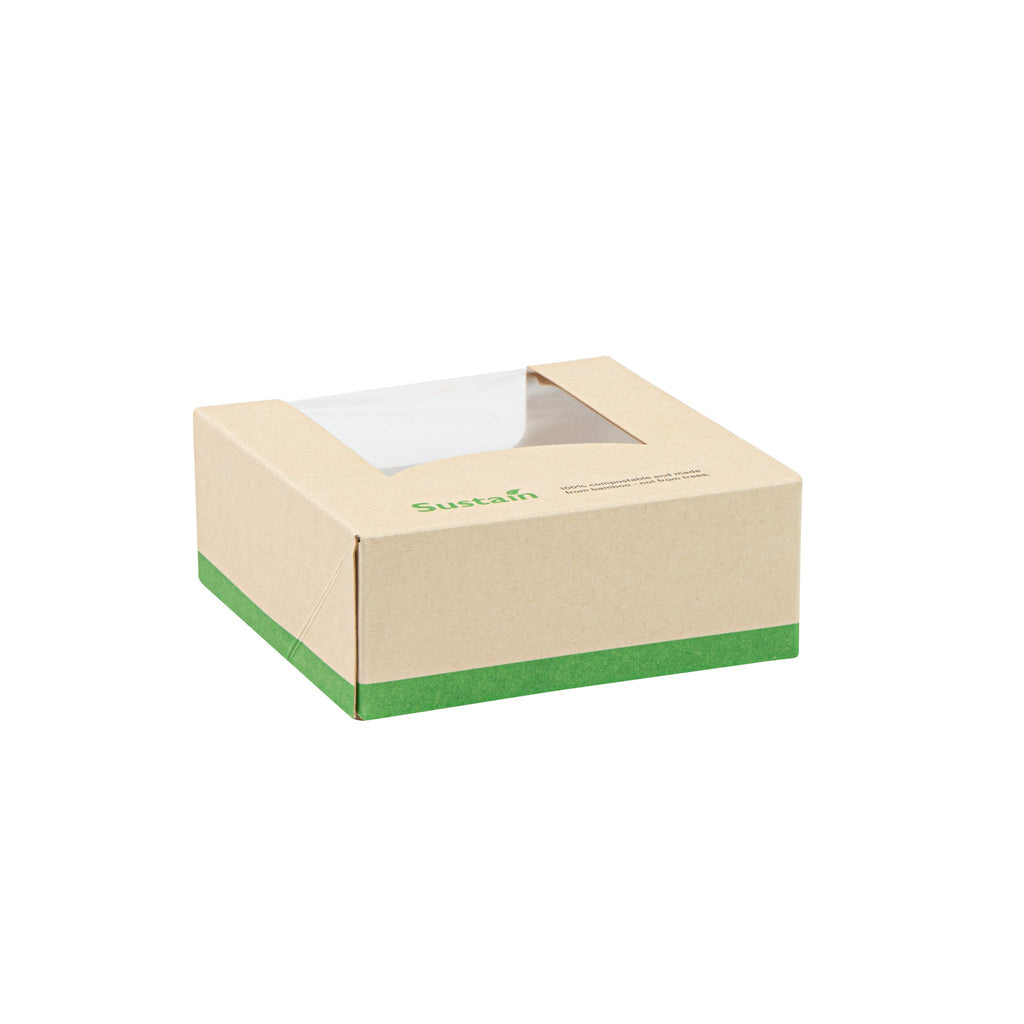 Sustain 11 oz Bamboo Paper Small Take Out Container - with PLA Lining and Window, Compostable - 4" x 4" x 1 1/2" - 200 count box