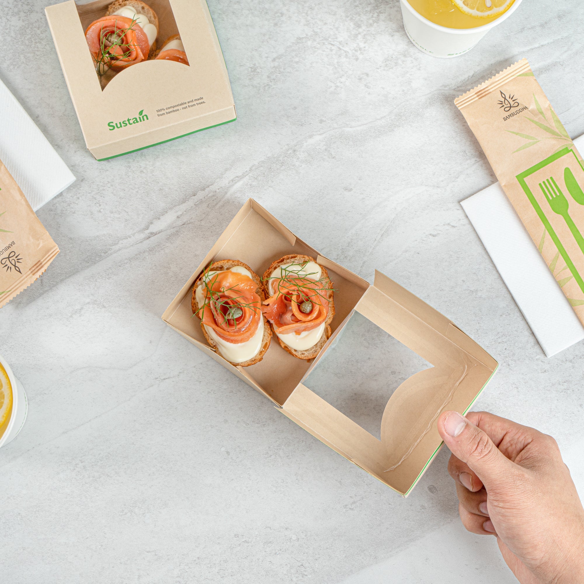 Sustain 11 oz Bamboo Paper Small Take Out Container - with PLA Lining and Window, Compostable - 4" x 4" x 1 1/2" - 200 count box