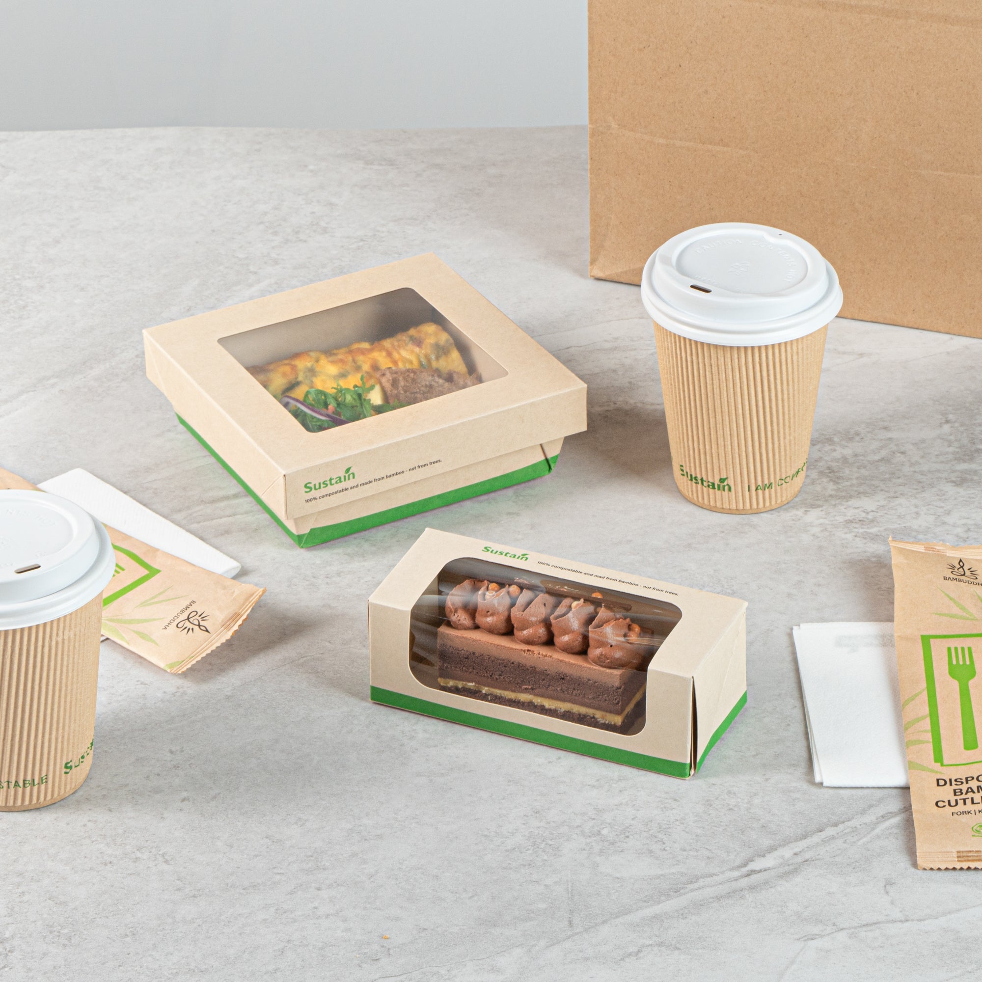 Sustain 13 oz Bamboo Paper Small Take Out Container - with PLA Lining and Window, Compostable - 6" x 2 1/2" x 2" - 50 count box