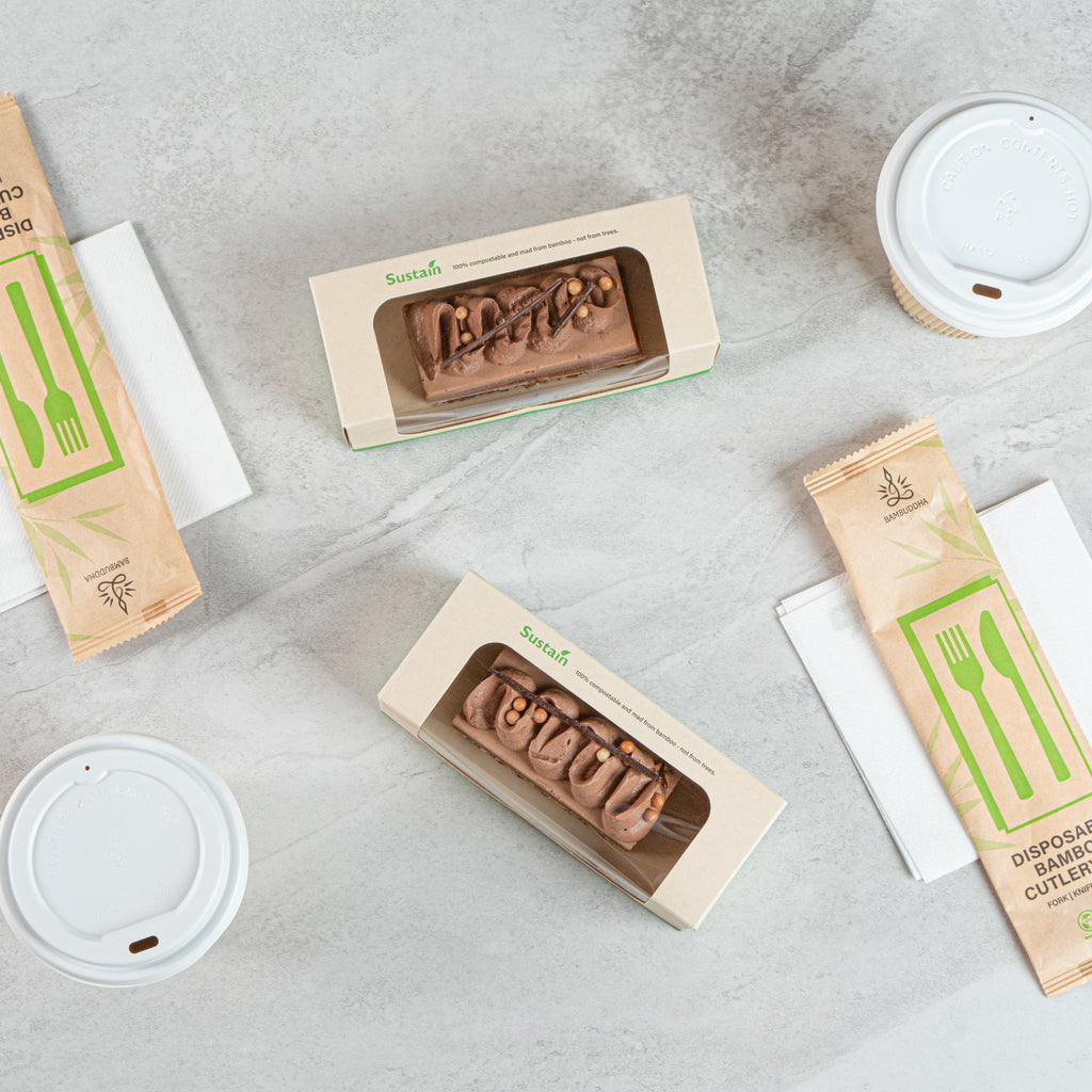 Sustain 13 oz Bamboo Paper Small Take Out Container - with PLA Lining and Window, Compostable - 6" x 2 1/2" x 2" - 50 count box