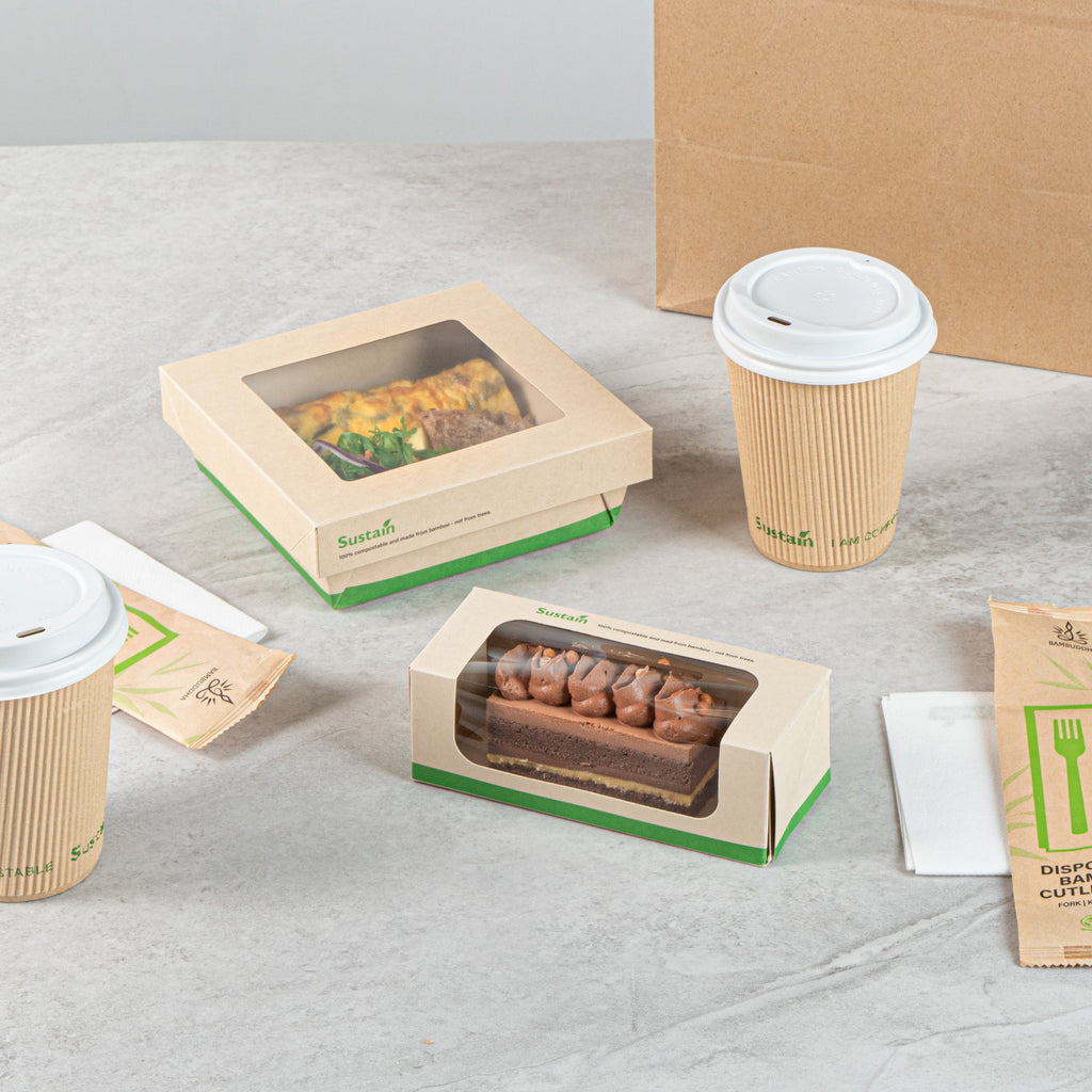 Sustain 13 oz Bamboo Paper Small Take Out Container - with PLA Lining and Window, Compostable - 6" x 2 1/2" x 2" - 200 count box