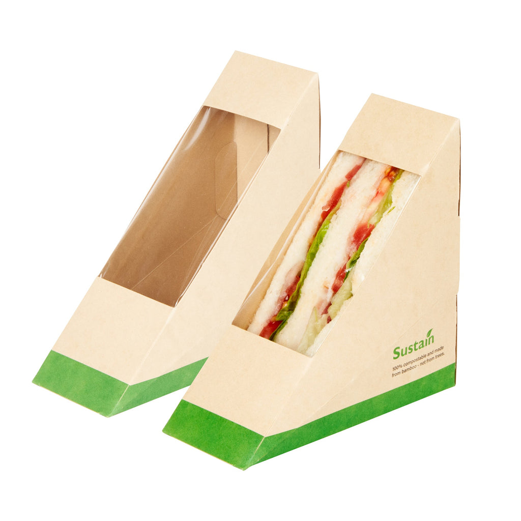 Sustain Bamboo Paper Small Sandwich Box - with PLA Lining and Window, Compostable - 4 3/4" x 4 3/4" x 2" - 50 count box