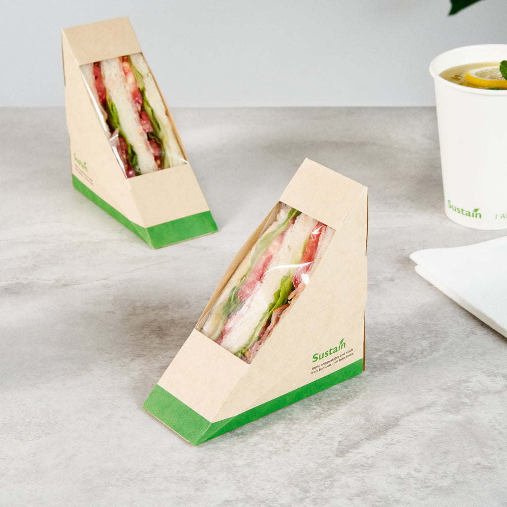 Sustain Bamboo Paper Small Sandwich Box - with PLA Lining and Window, Compostable - 4 3/4" x 4 3/4" x 2" - 50 count box