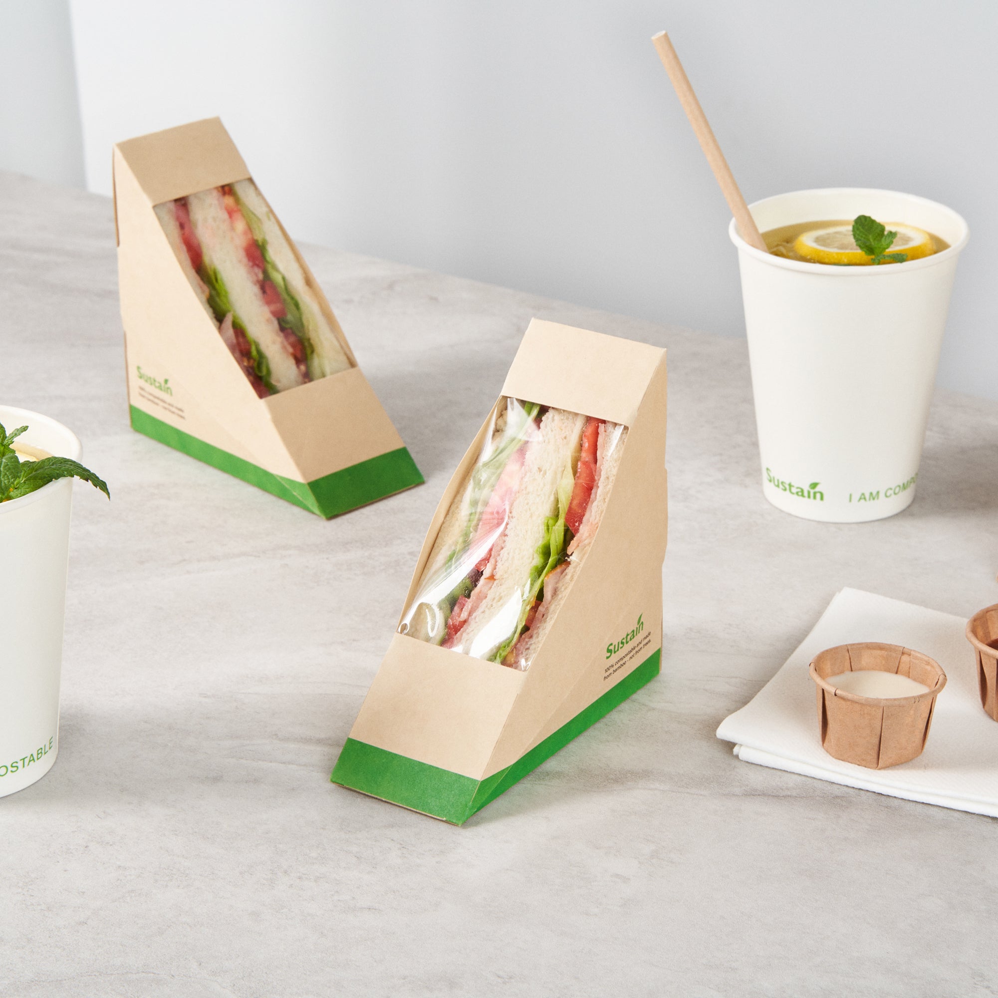 Sustain Bamboo Paper Small Sandwich Box - with PLA Lining and Window, Compostable - 4 3/4" x 4 3/4" x 2" - 50 count box