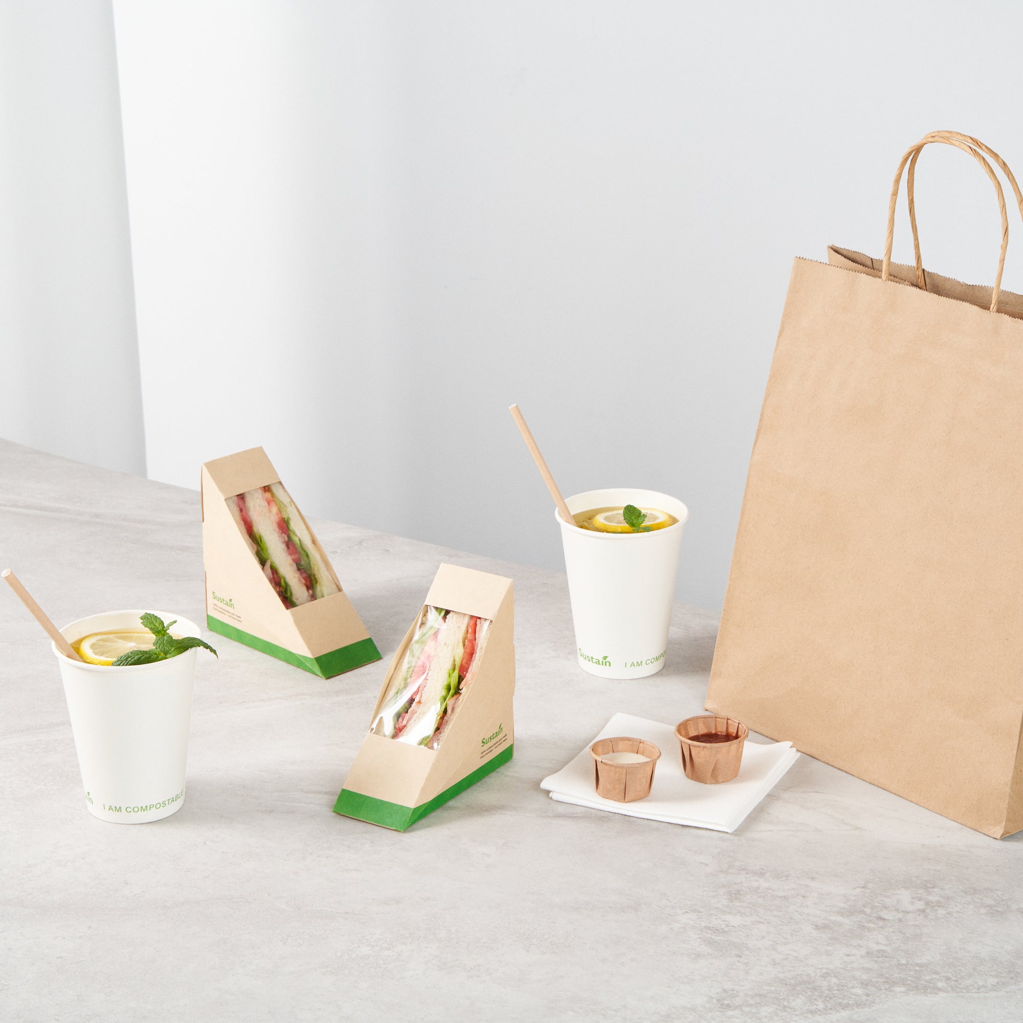 Sustain Bamboo Paper Small Sandwich Box - with PLA Lining and Window, Compostable - 4 3/4" x 4 3/4" x 2" - 50 count box