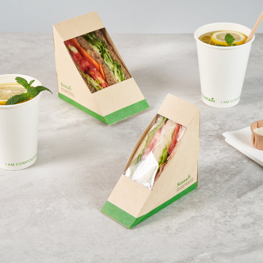 Sustain Bamboo Paper Small Sandwich Box - with PLA Lining and Window, Compostable - 4 3/4" x 4 3/4" x 2" - 50 count box