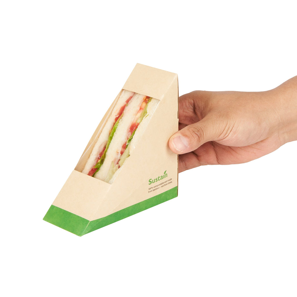 Sustain Bamboo Paper Small Sandwich Box - with PLA Lining and Window, Compostable - 4 3/4" x 4 3/4" x 2" - 200 count box