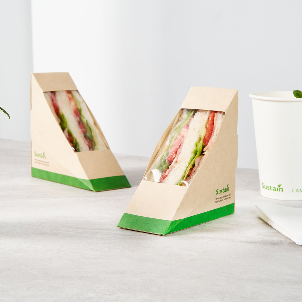Sustain Bamboo Paper Small Sandwich Box - with PLA Lining and Window, Compostable - 4 3/4" x 4 3/4" x 2" - 200 count box