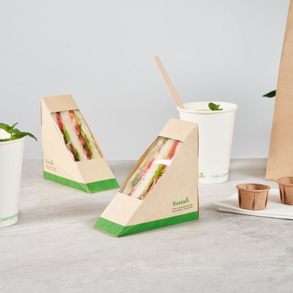 Sustain Bamboo Paper Small Sandwich Box - with PLA Lining and Window, Compostable - 4 3/4" x 4 3/4" x 2" - 200 count box