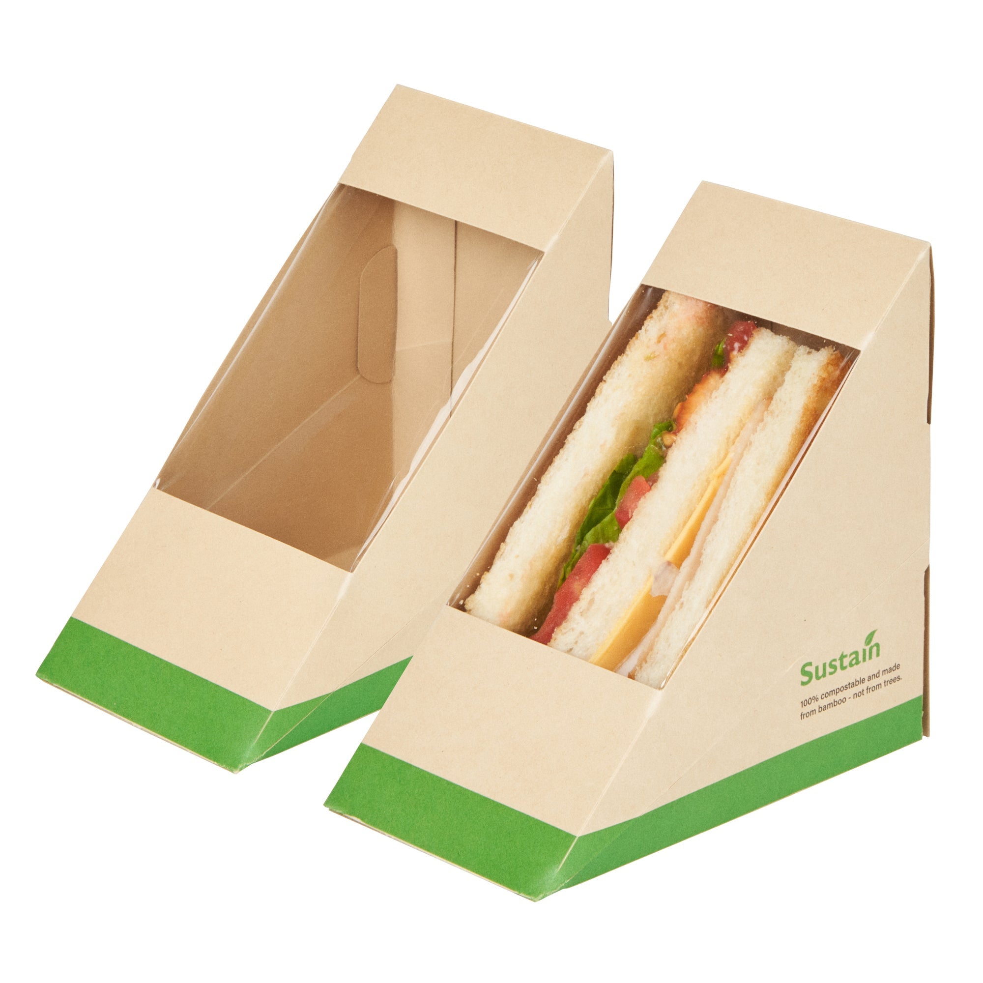 Sustain Bamboo Paper Medium Sandwich Box - with PLA Lining and Window, Compostable - 4 3/4" x 4 3/4" x 2 3/4" - 25 count box