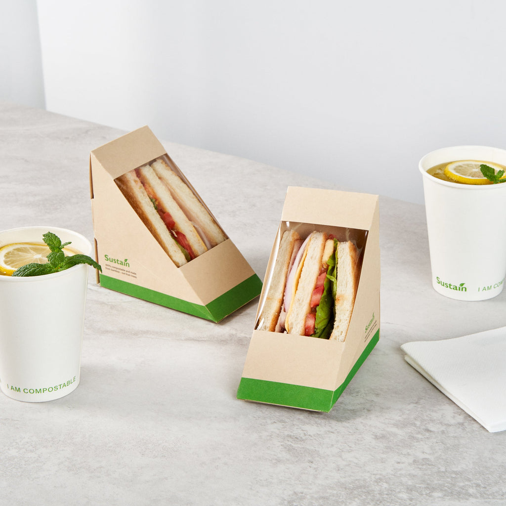 Sustain Bamboo Paper Medium Sandwich Box - with PLA Lining and Window, Compostable - 4 3/4" x 4 3/4" x 2 3/4" - 25 count box