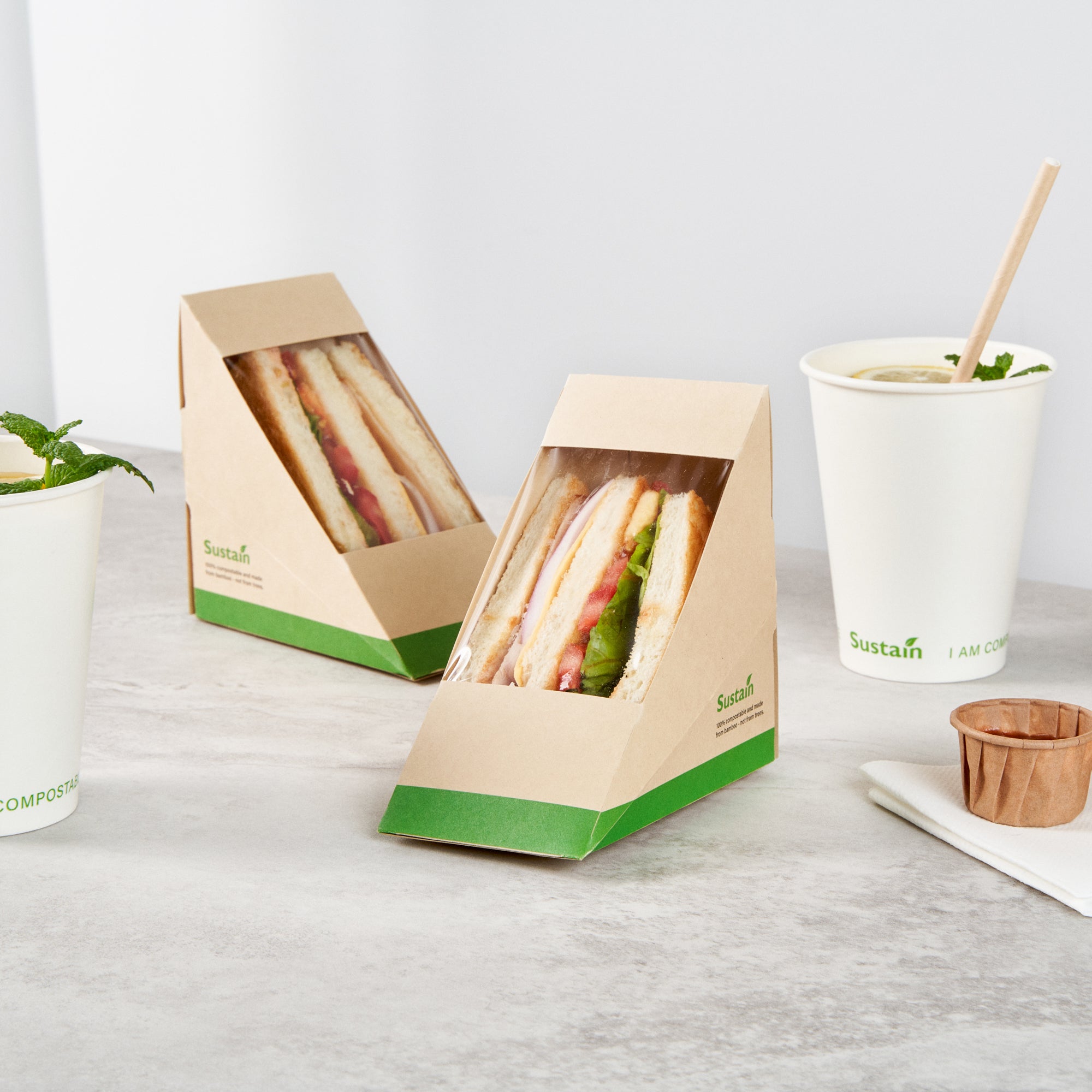 Sustain Bamboo Paper Medium Sandwich Box - with PLA Lining and Window, Compostable - 4 3/4" x 4 3/4" x 2 3/4" - 25 count box
