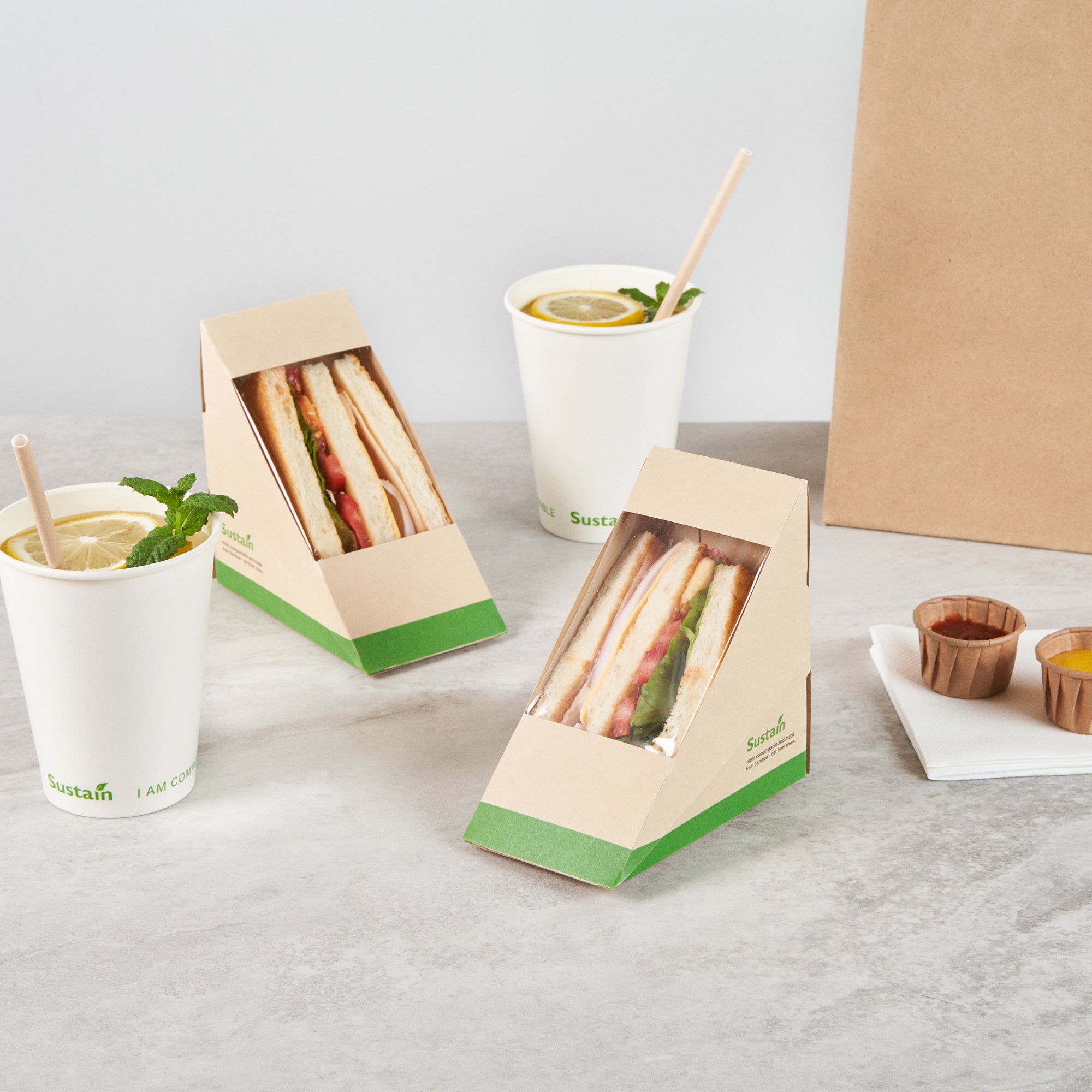 Sustain Bamboo Paper Medium Sandwich Box - with PLA Lining and Window, Compostable - 4 3/4" x 4 3/4" x 2 3/4" - 25 count box