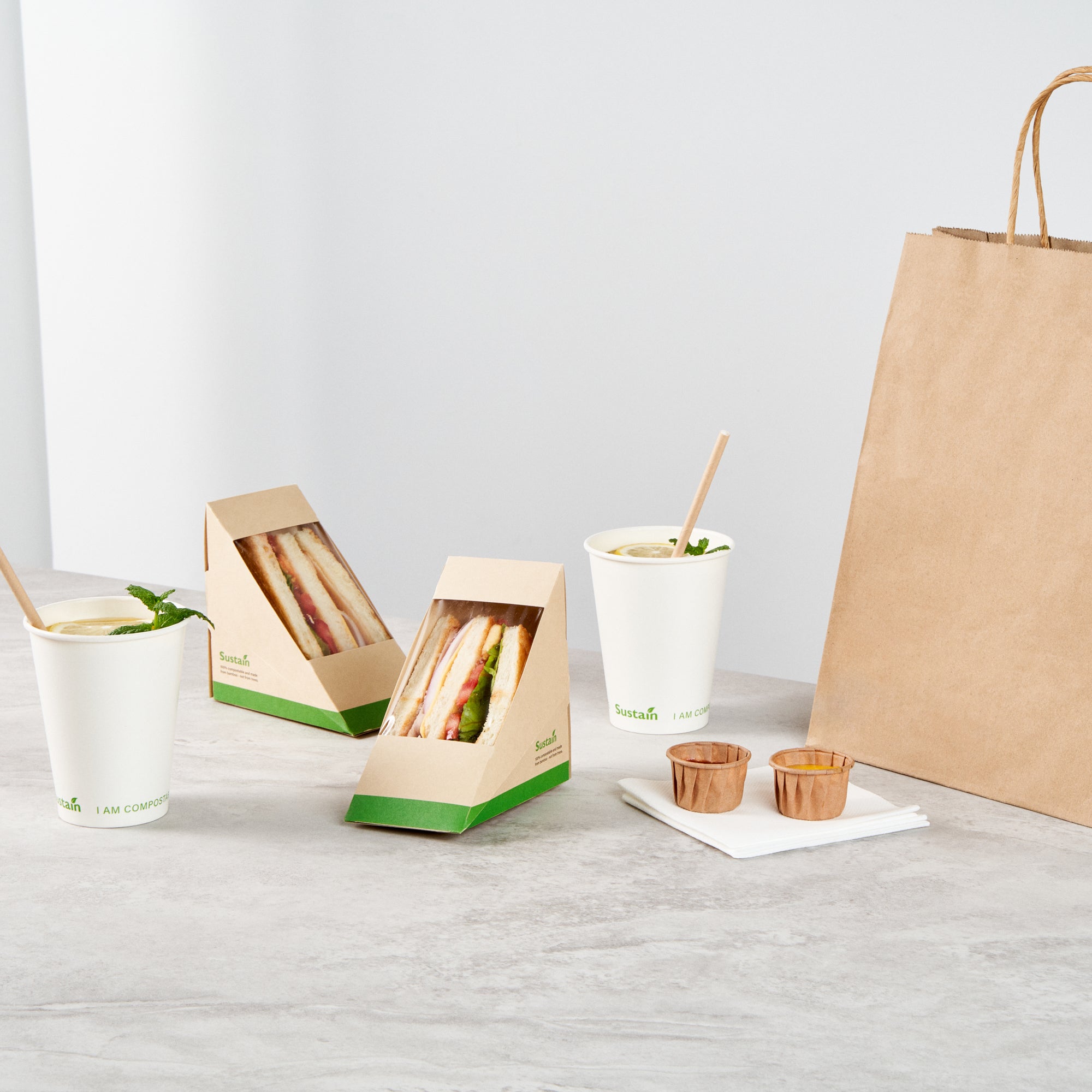 Sustain Bamboo Paper Medium Sandwich Box - with PLA Lining and Window, Compostable - 4 3/4" x 4 3/4" x 2 3/4" - 25 count box