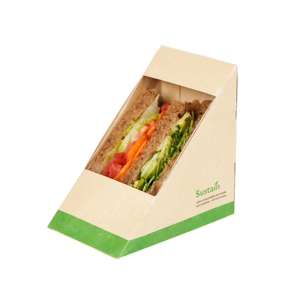 Sustain Bamboo Paper Large Sandwich Box - with PLA Lining and Window, Compostable - 4 3/4" x 4 3/4" x 3 1/4" - 25 count box