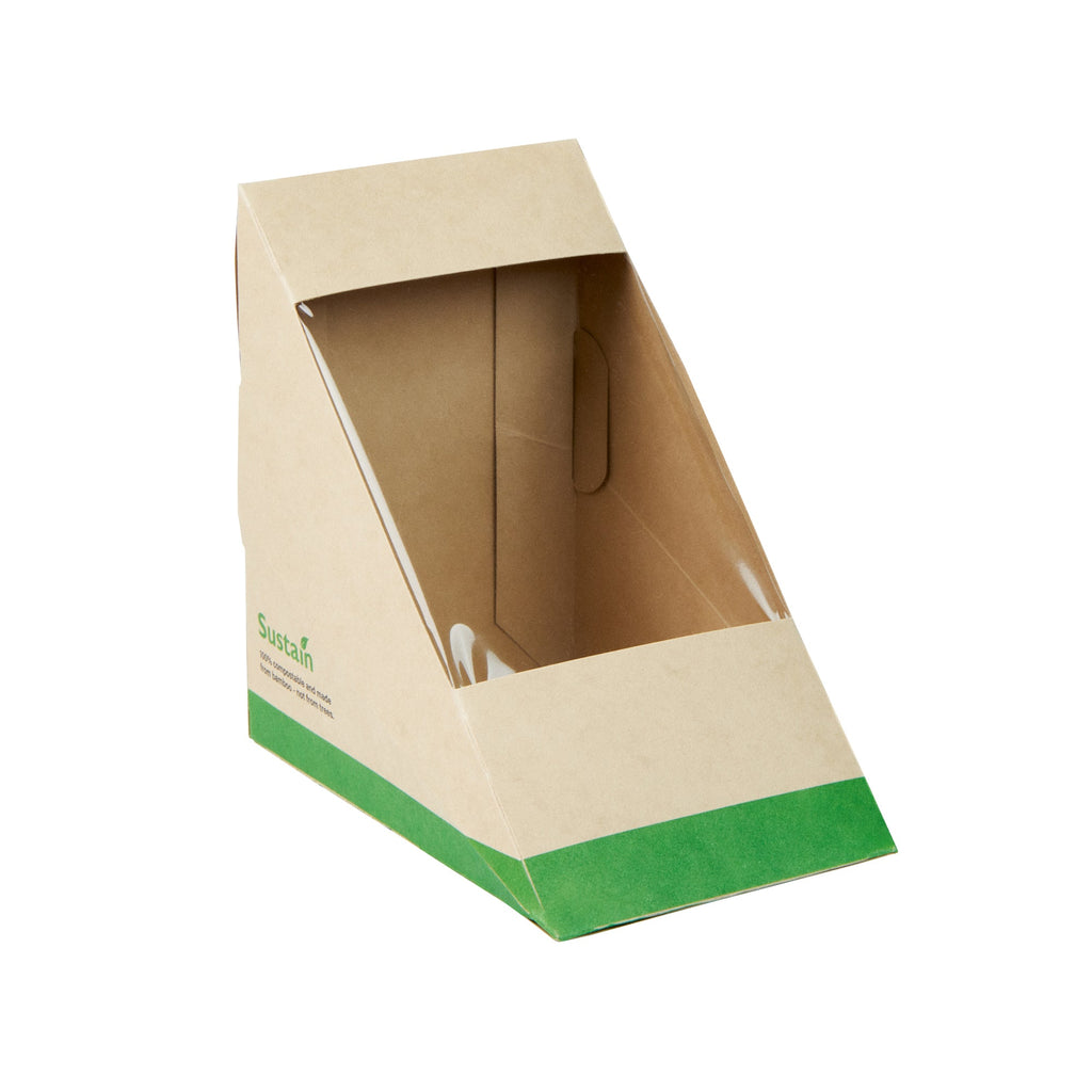 Sustain Bamboo Paper Large Sandwich Box - with PLA Lining and Window, Compostable - 4 3/4" x 4 3/4" x 3 1/4" - 25 count box
