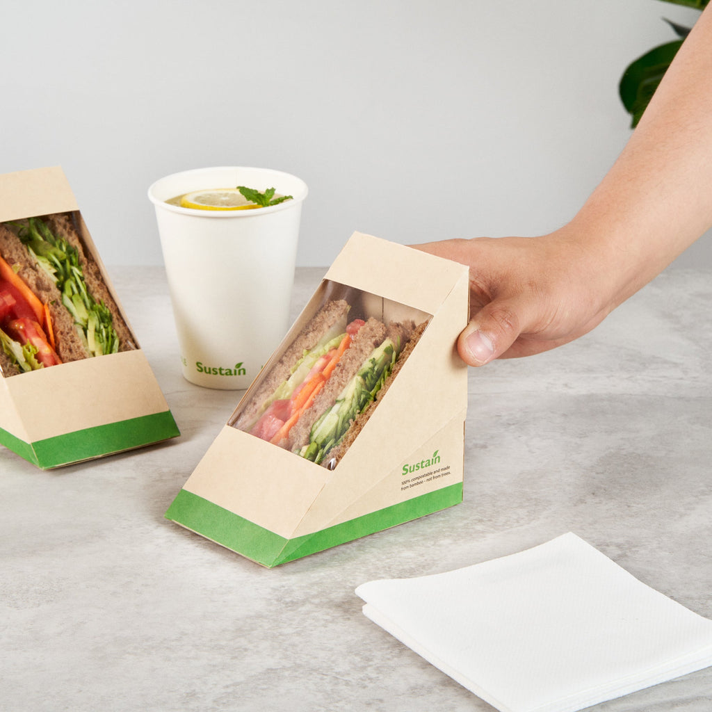 Sustain Bamboo Paper Large Sandwich Box - with PLA Lining and Window, Compostable - 4 3/4" x 4 3/4" x 3 1/4" - 25 count box