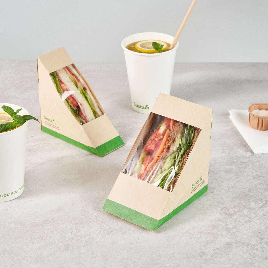 Sustain Bamboo Paper Large Sandwich Box - with PLA Lining and Window, Compostable - 4 3/4" x 4 3/4" x 3 1/4" - 25 count box