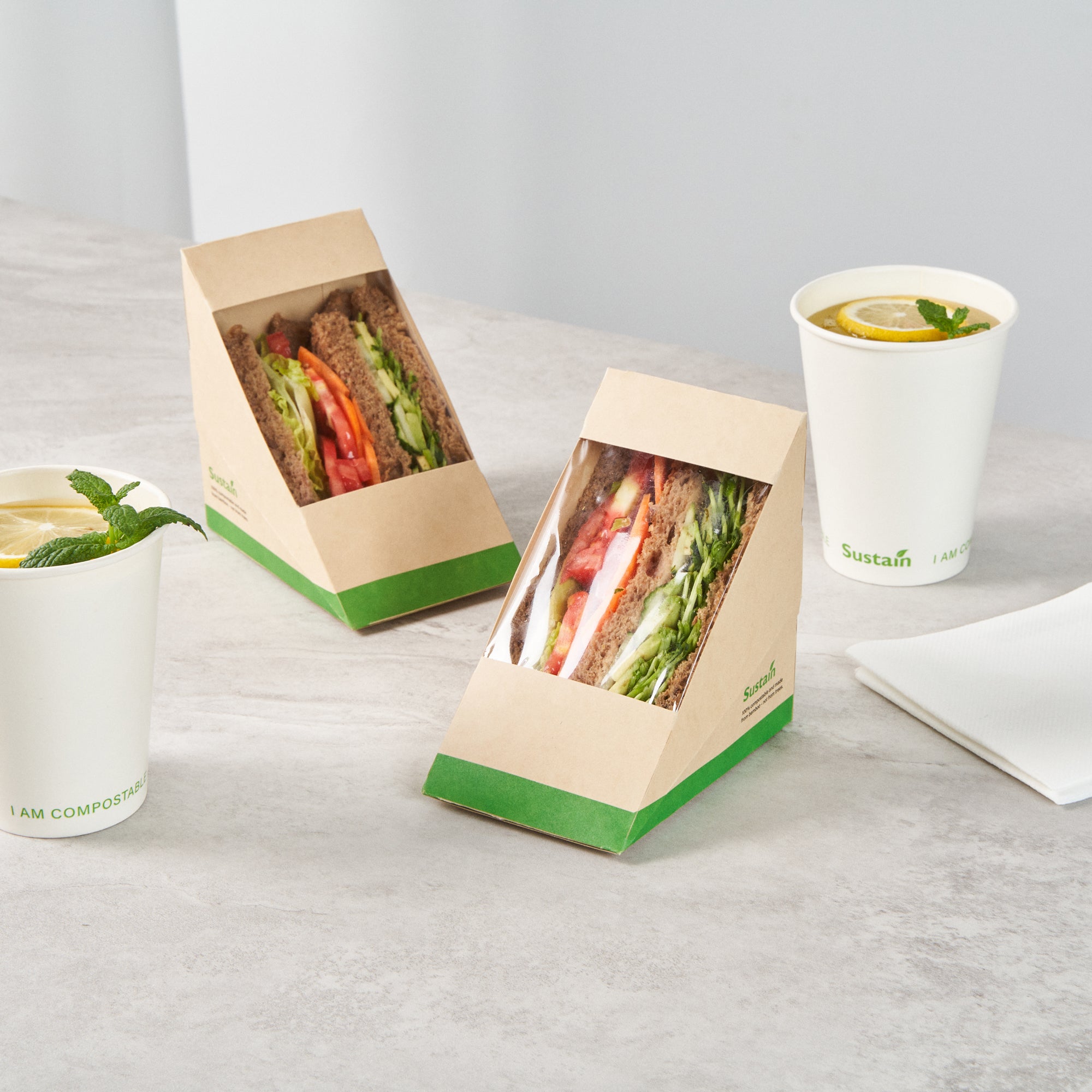 Sustain Bamboo Paper Large Sandwich Box - with PLA Lining and Window, Compostable - 4 3/4" x 4 3/4" x 3 1/4" - 25 count box