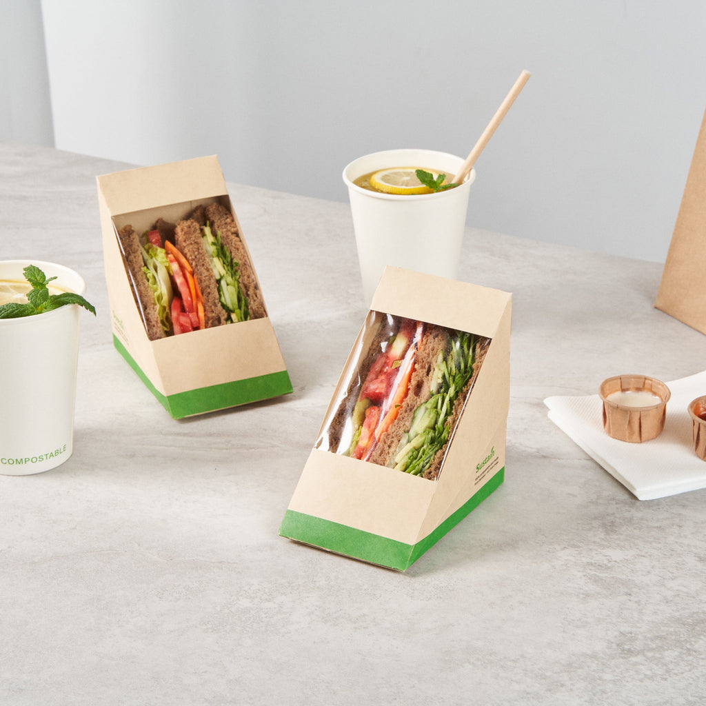 Sustain Bamboo Paper Large Sandwich Box - with PLA Lining and Window, Compostable - 4 3/4" x 4 3/4" x 3 1/4" - 25 count box