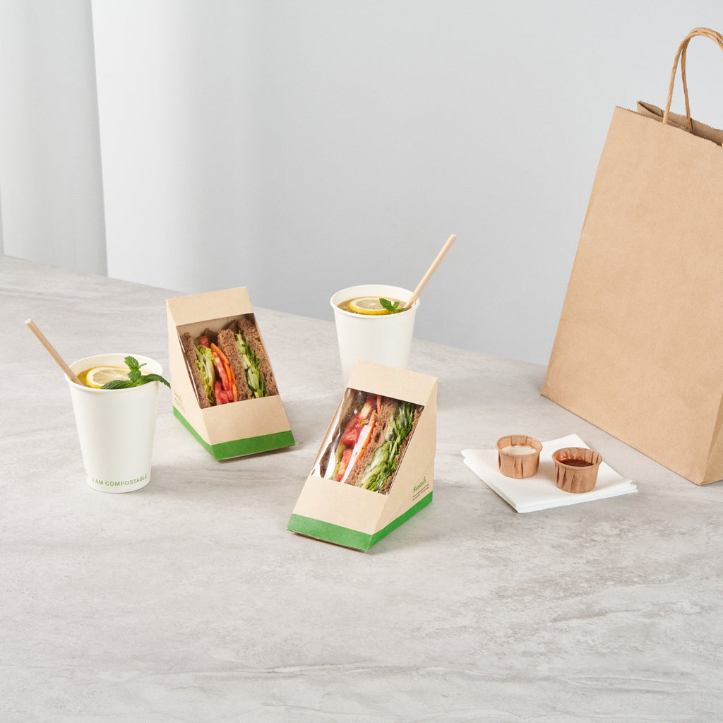 Sustain Bamboo Paper Large Sandwich Box - with PLA Lining and Window, Compostable - 4 3/4" x 4 3/4" x 3 1/4" - 25 count box