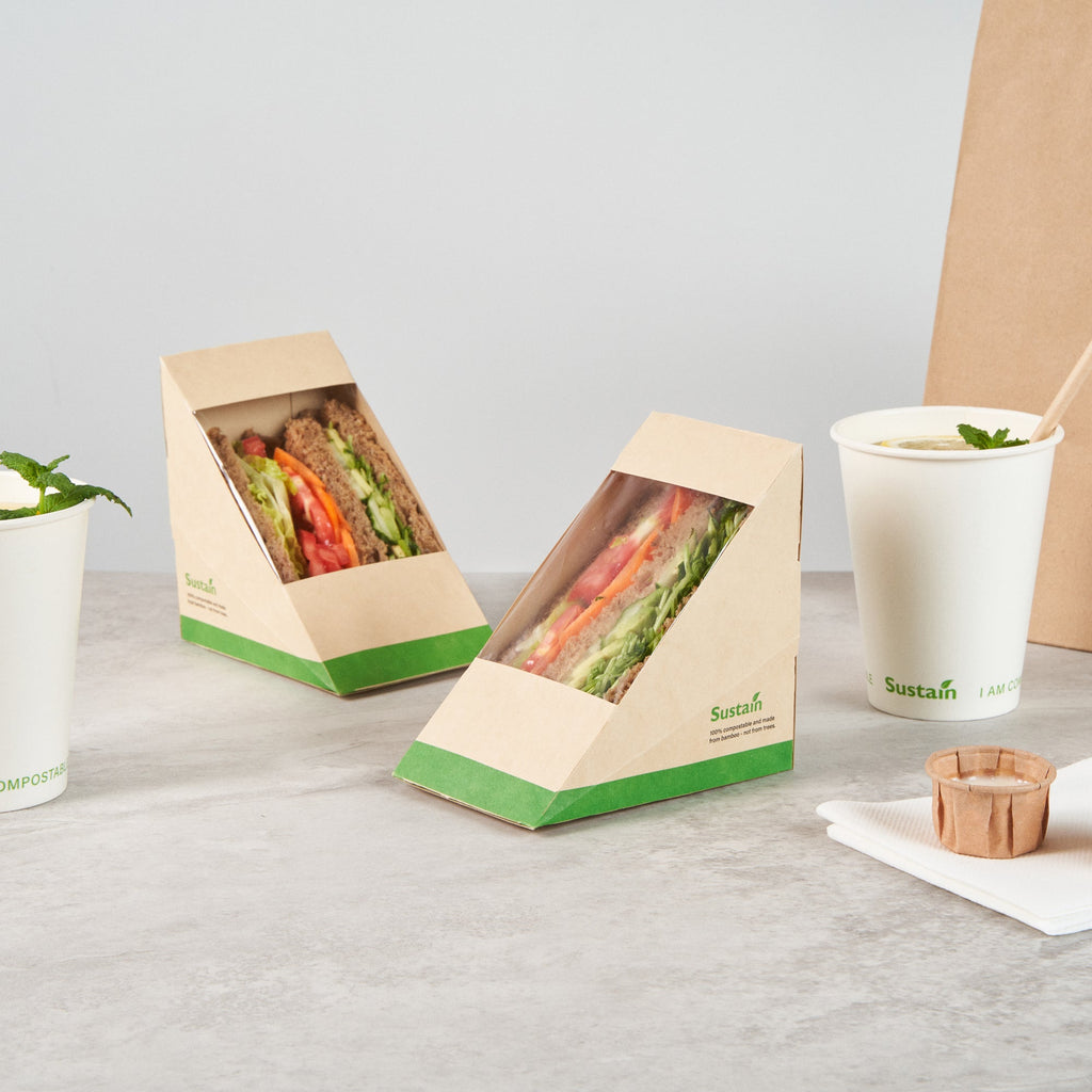 Sustain Bamboo Paper Large Sandwich Box - with PLA Lining and Window, Compostable - 4 3/4" x 4 3/4" x 3 1/4" - 200 count box