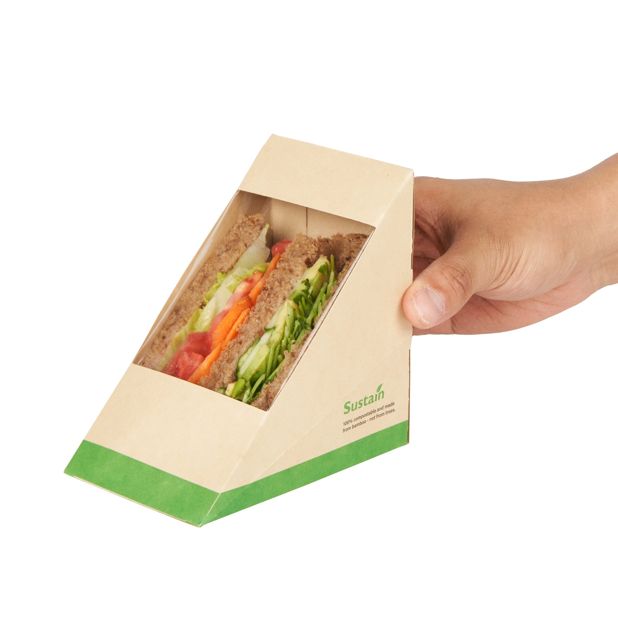 Sustain Bamboo Paper Large Sandwich Box - with PLA Lining and Window, Compostable - 4 3/4" x 4 3/4" x 3 1/4" - 200 count box