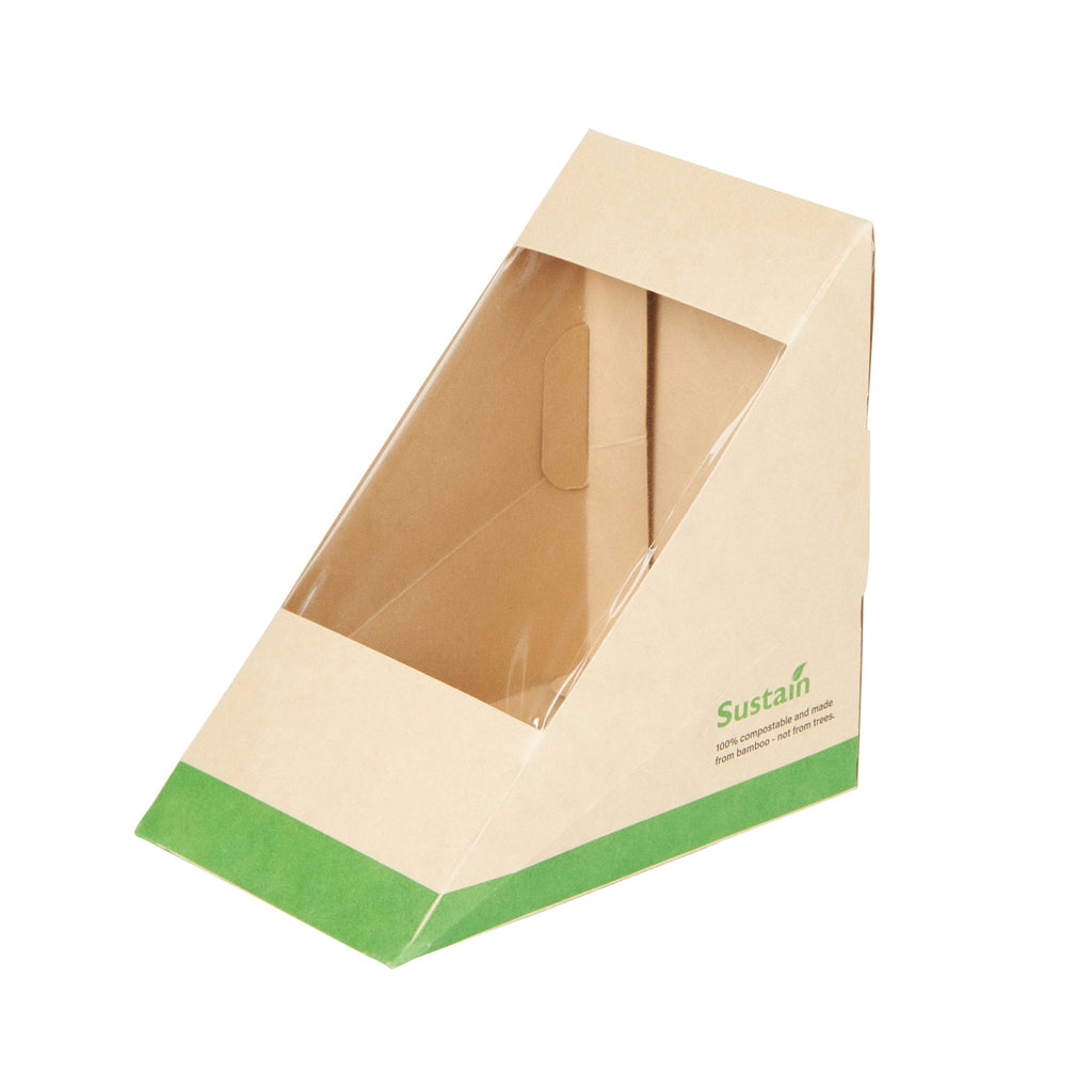 Sustain Bamboo Paper Large Sandwich Box - with PLA Lining and Window, Compostable - 4 3/4" x 4 3/4" x 3 1/4" - 200 count box