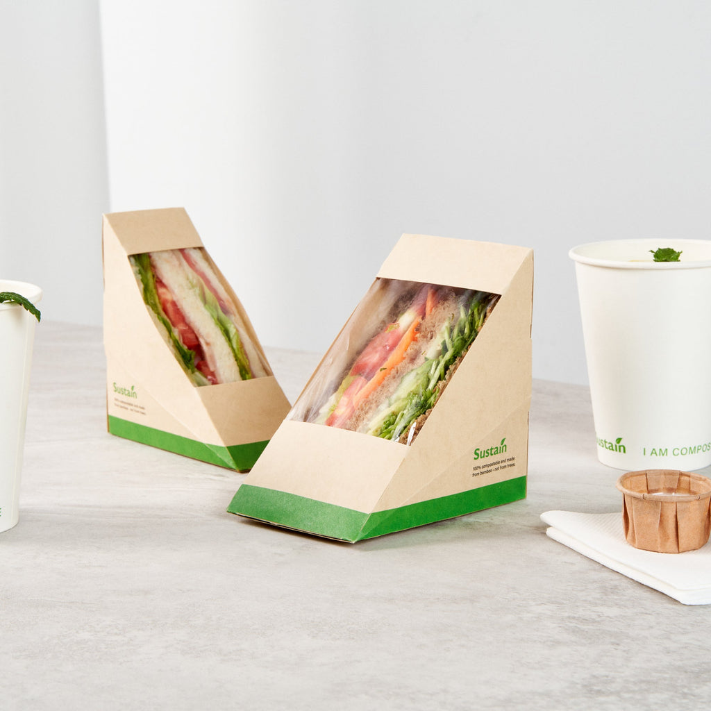 Sustain Bamboo Paper Large Sandwich Box - with PLA Lining and Window, Compostable - 4 3/4" x 4 3/4" x 3 1/4" - 200 count box