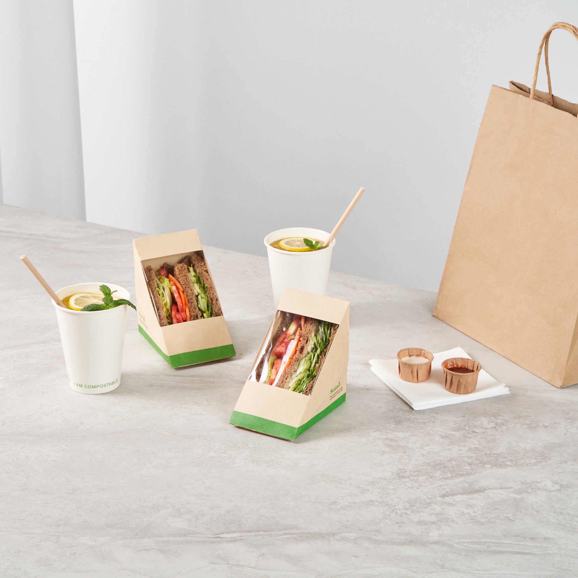 Sustain Bamboo Paper Large Sandwich Box - with PLA Lining and Window, Compostable - 4 3/4" x 4 3/4" x 3 1/4" - 200 count box