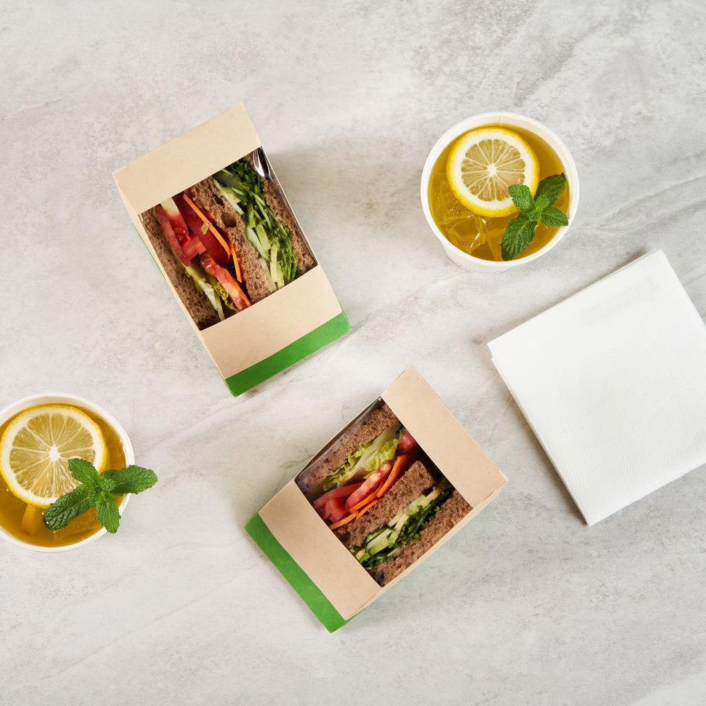 Sustain Bamboo Paper Large Sandwich Box - with PLA Lining and Window, Compostable - 4 3/4" x 4 3/4" x 3 1/4" - 200 count box