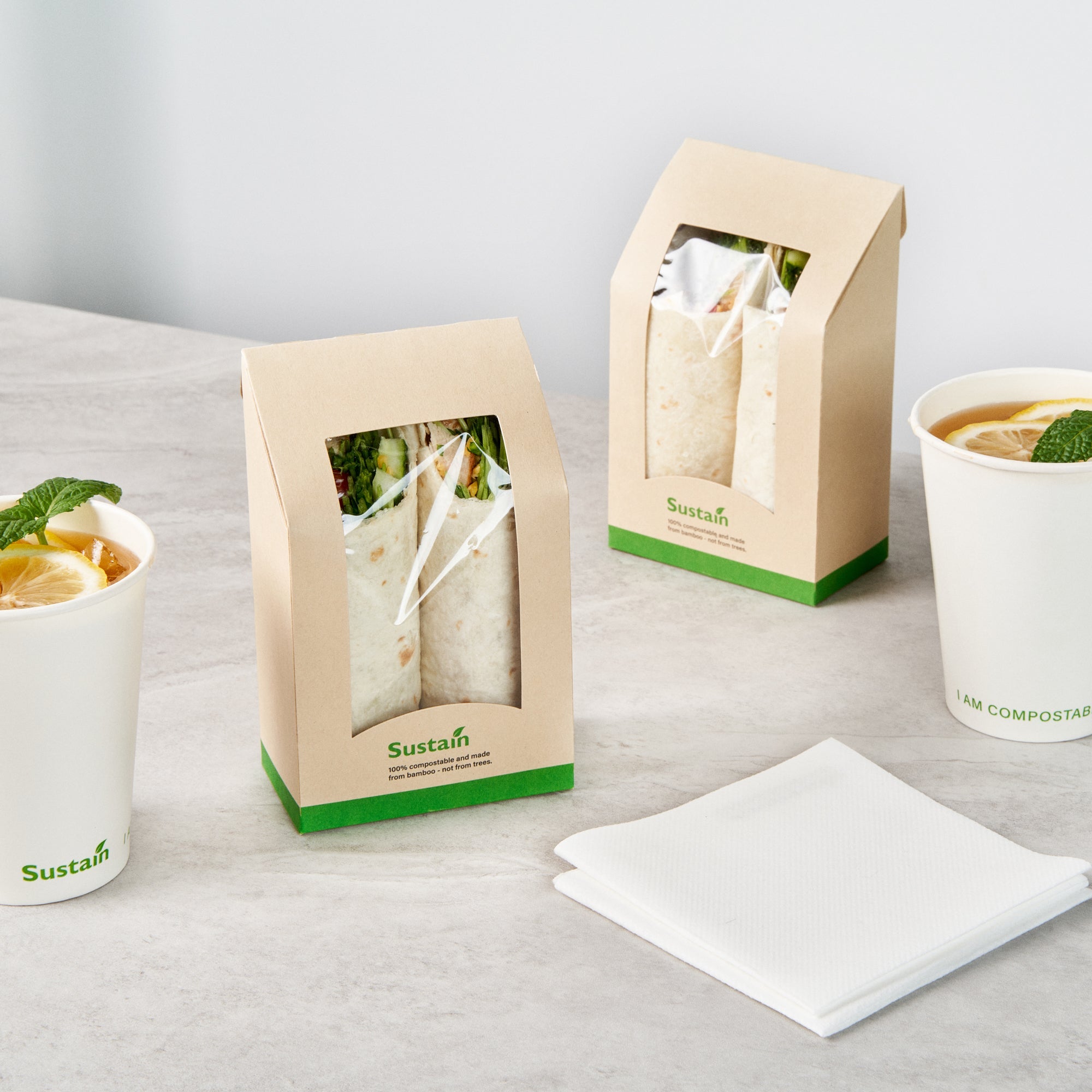 Sustain Bamboo Paper Sandwich / Wrap Take Out Container - with PLA Lining and Window, Compostable - 6" x 3 3/4" x 2" - 200 count box