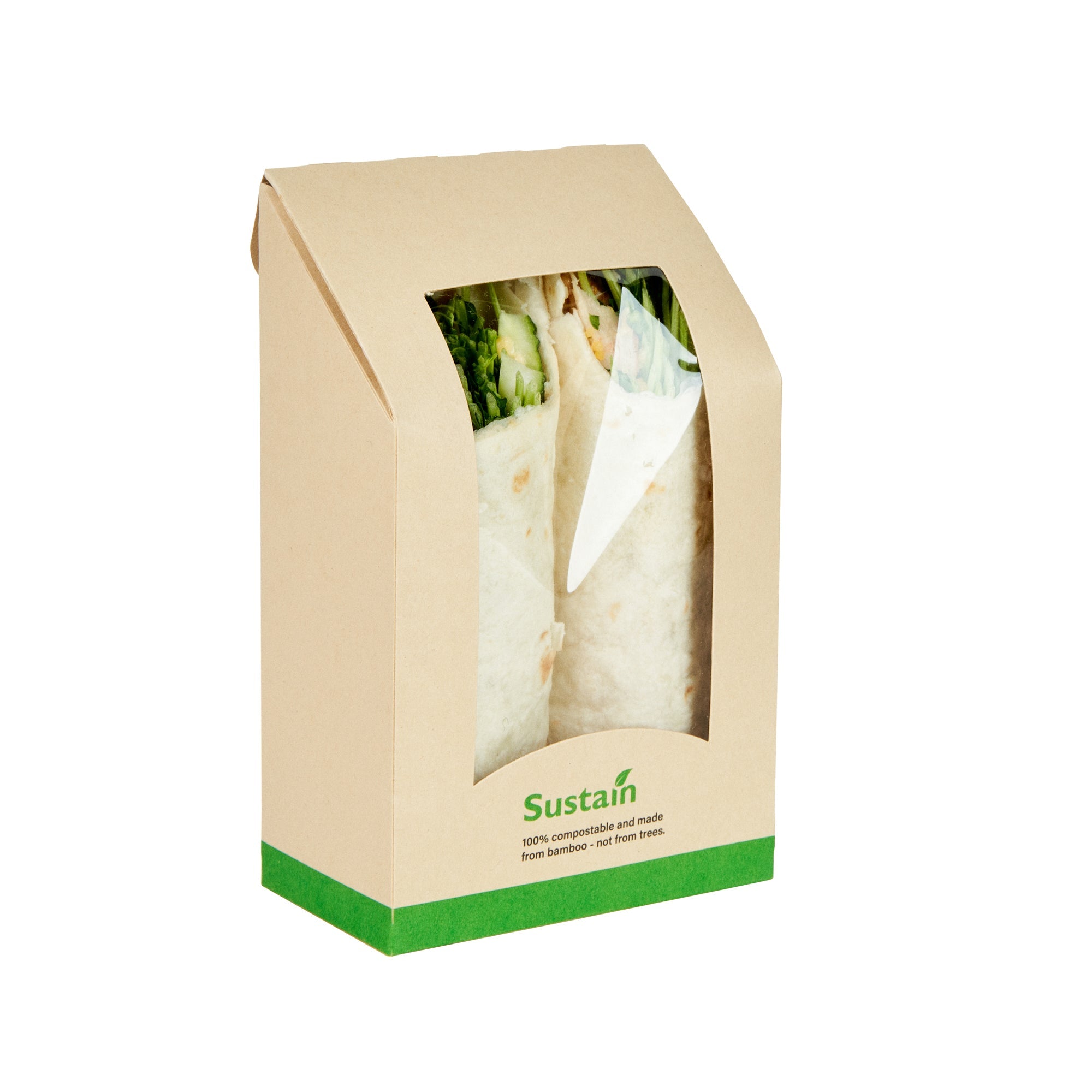 Sustain Bamboo Paper Sandwich / Wrap Take Out Container - with PLA Lining and Window, Compostable - 6" x 3 3/4" x 2" - 50 count box
