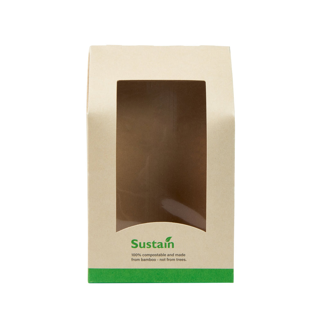 Sustain Bamboo Paper Sandwich / Wrap Take Out Container - with PLA Lining and Window, Compostable - 6" x 3 3/4" x 2" - 50 count box