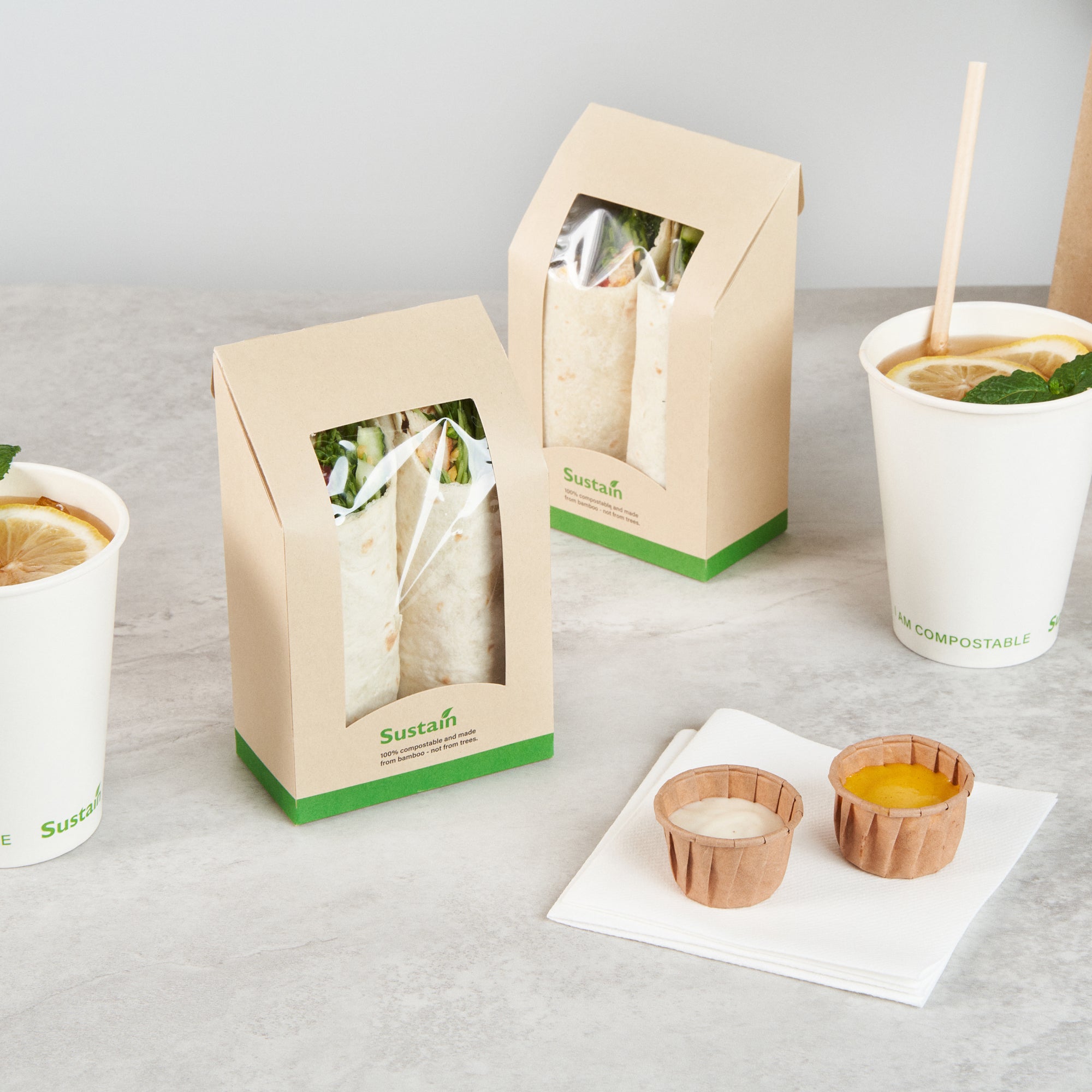 Sustain Bamboo Paper Sandwich / Wrap Take Out Container - with PLA Lining and Window, Compostable - 6" x 3 3/4" x 2" - 50 count box
