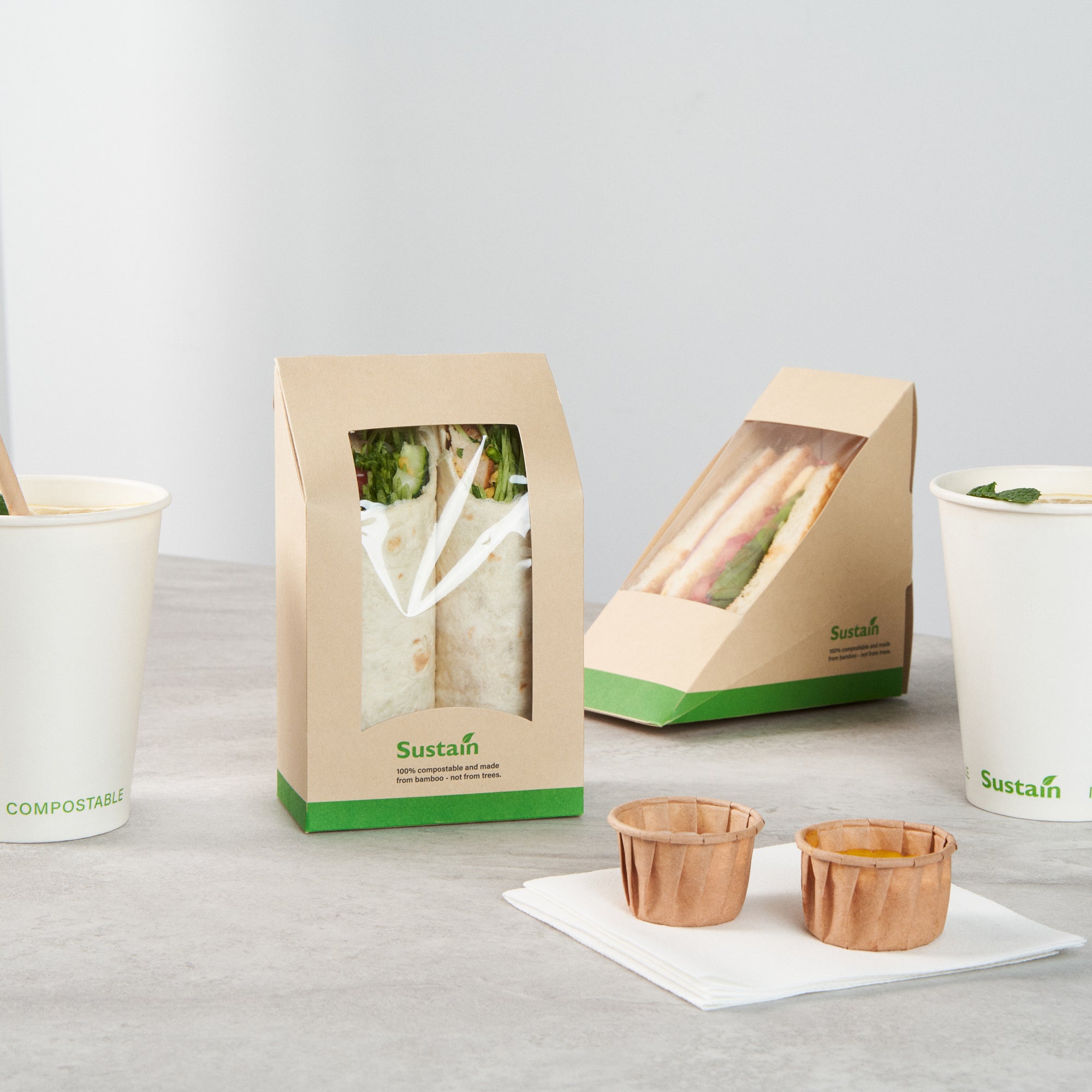 Sustain Bamboo Paper Sandwich / Wrap Take Out Container - with PLA Lining and Window, Compostable - 6" x 3 3/4" x 2" - 50 count box
