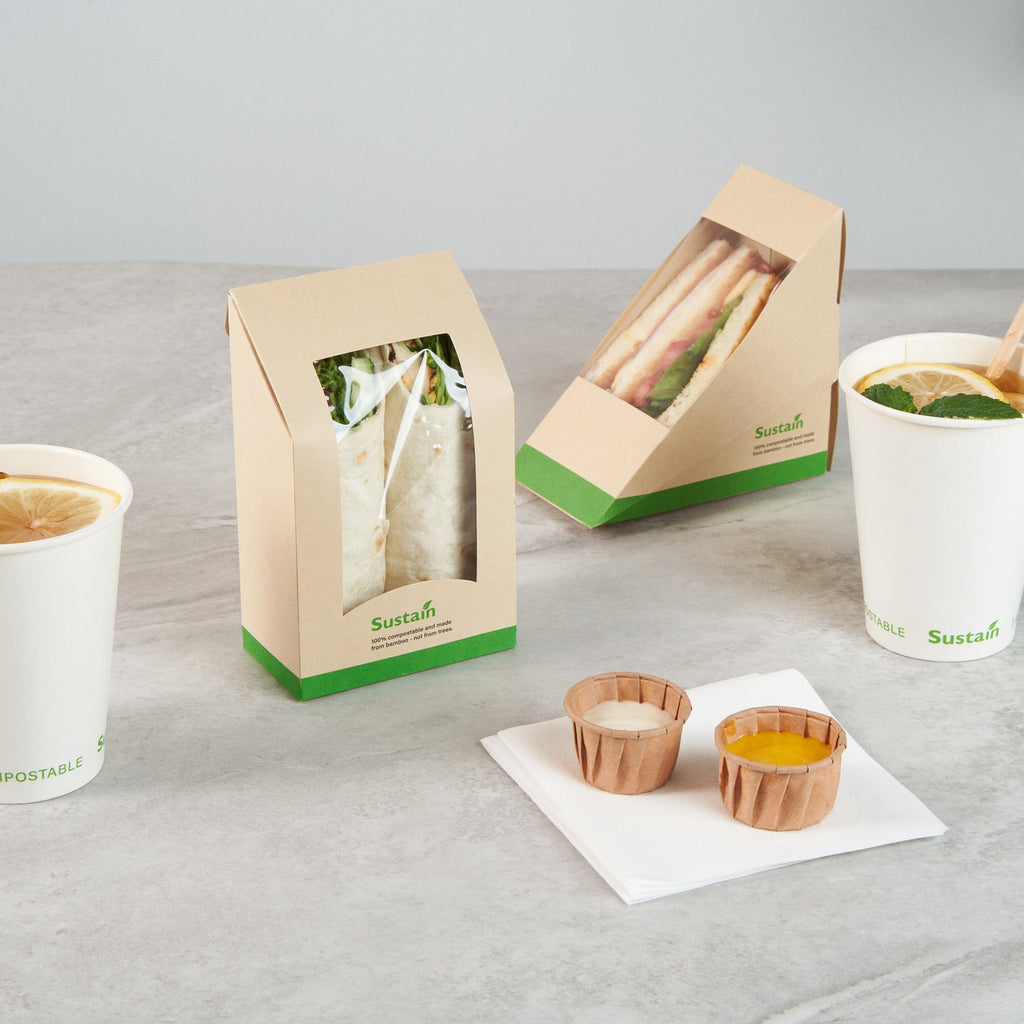 Sustain Bamboo Paper Sandwich / Wrap Take Out Container - with PLA Lining and Window, Compostable - 6" x 3 3/4" x 2" - 50 count box